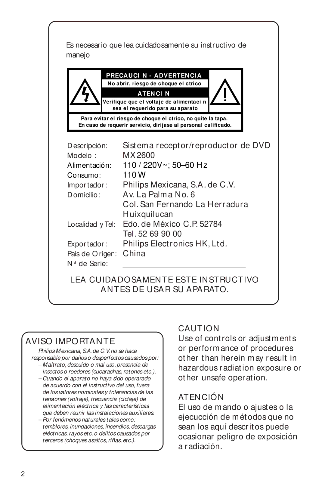 Philips MX2600/55 user manual Aviso Importante 