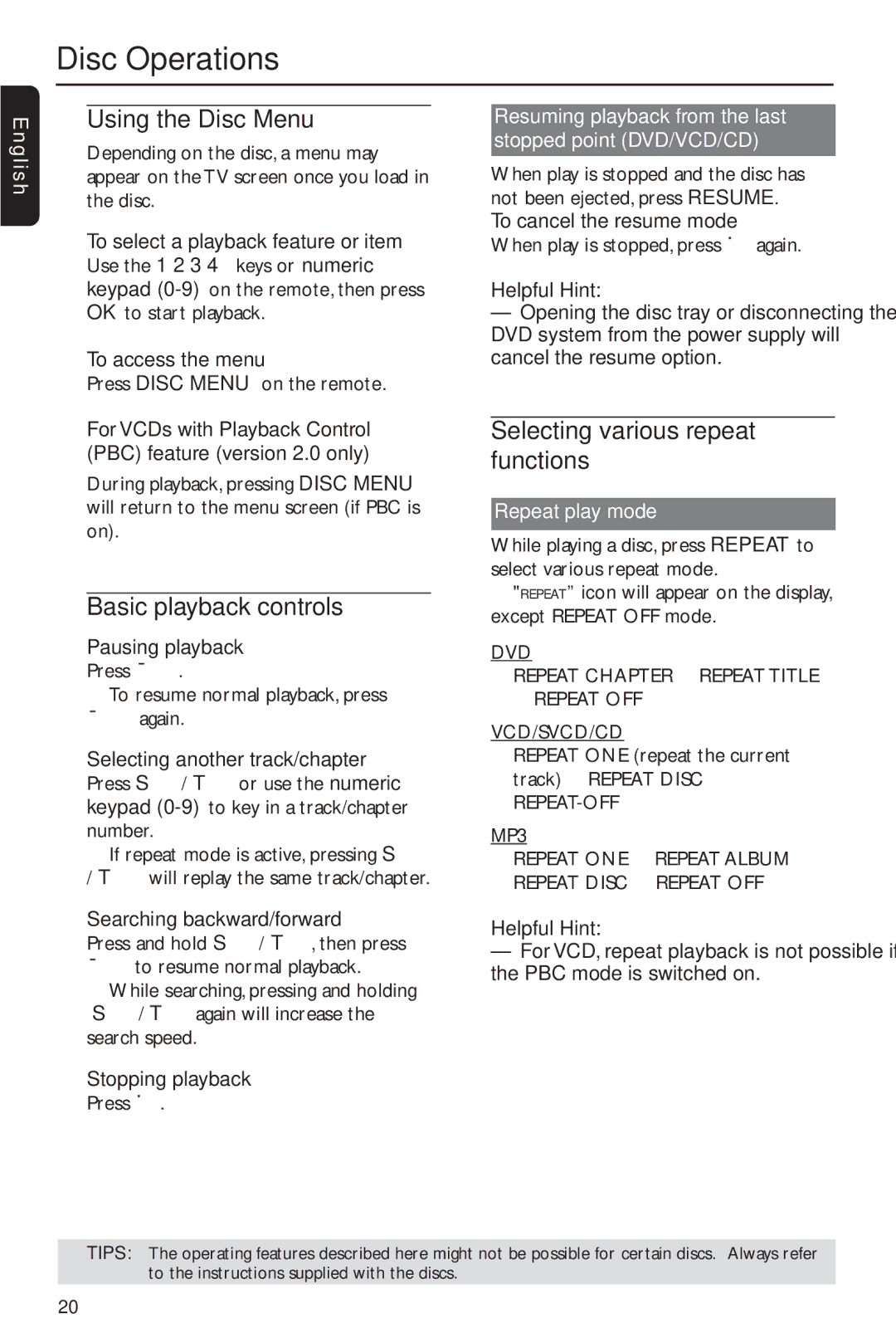 Philips MX2600/55 Using the Disc Menu, Basic playback controls, Selecting various repeat functions, REPEAT-OFF MP3 