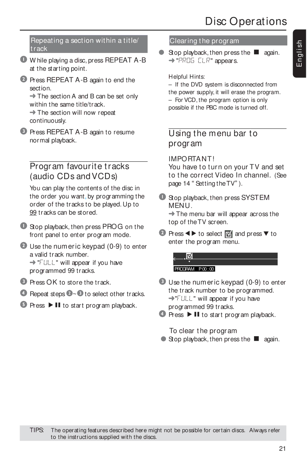 Philips MX2600/55 Program favourite tracks audio CDs and VCDs, Using the menu bar to program, Clearing the program 