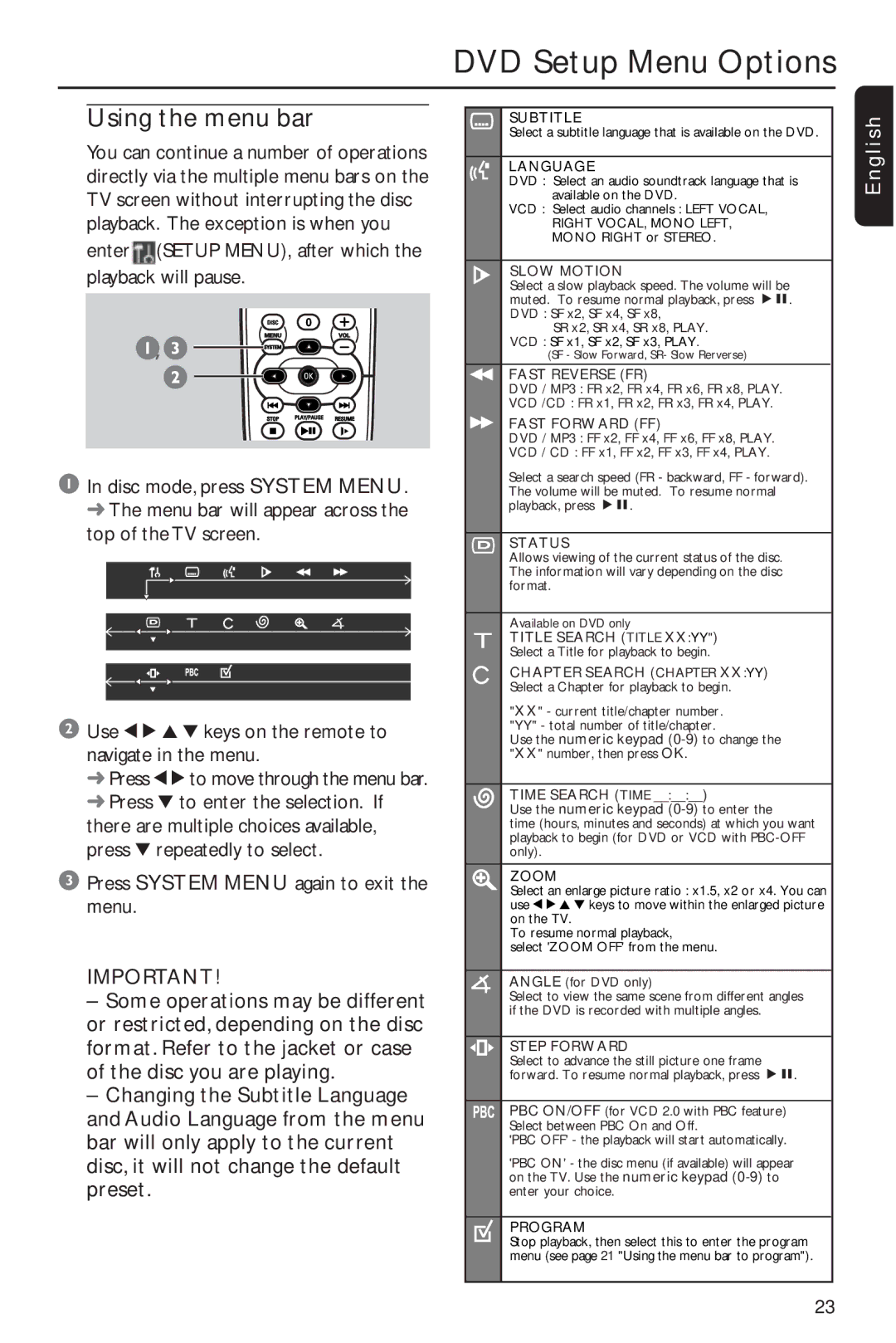 Philips MX2600/55 user manual DVD Setup Menu Options, Using the menu bar 