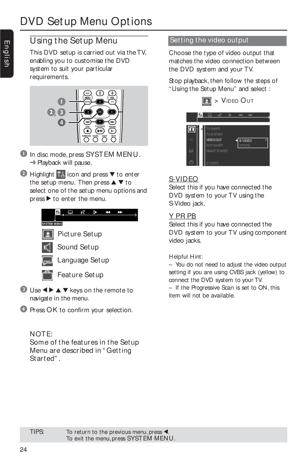 Philips MX2600/55 user manual Using the Setup Menu, Setting the video output, Video, Pr Pb 