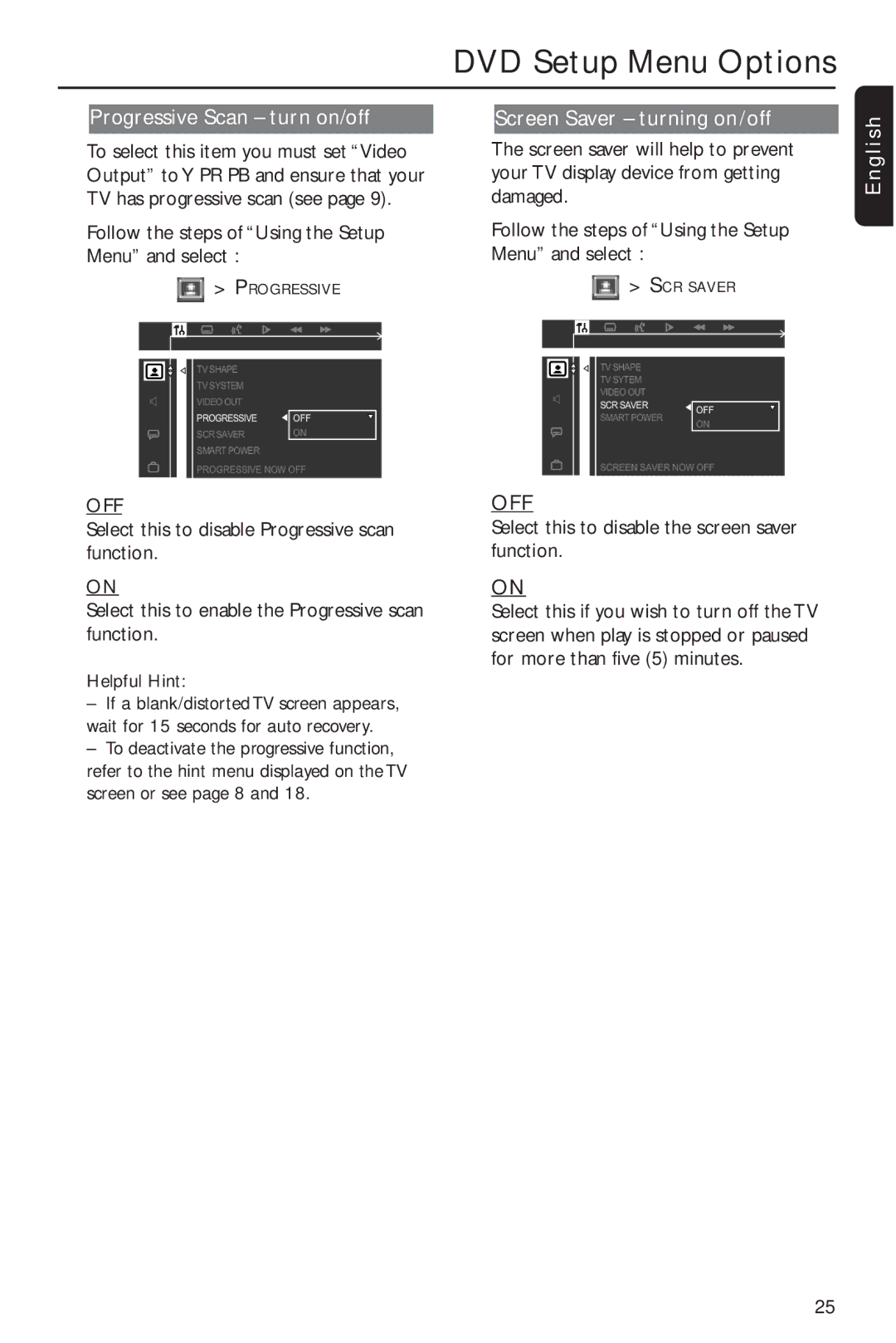 Philips MX2600/55 user manual Progressive Scan turn on/off Screen Saver turning on/off, Off 