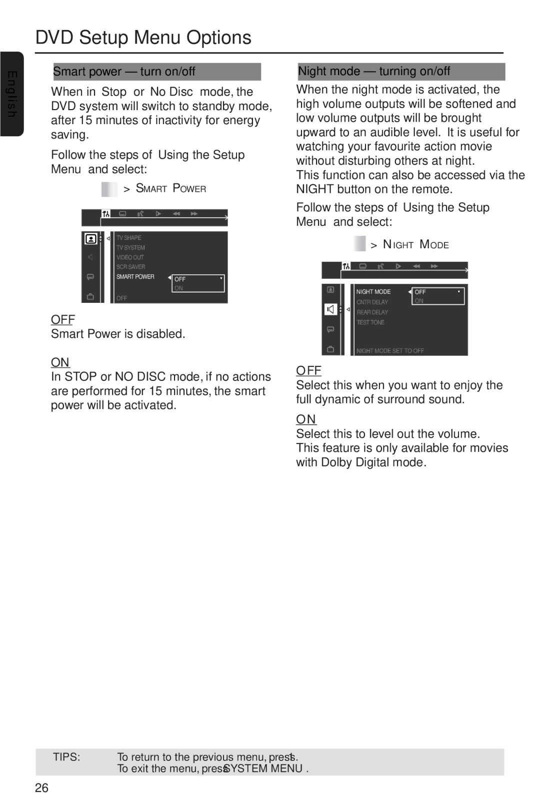 Philips MX2600/55 user manual English Smart power turn on/off, Smart Power is disabled, Night mode turning on/off 