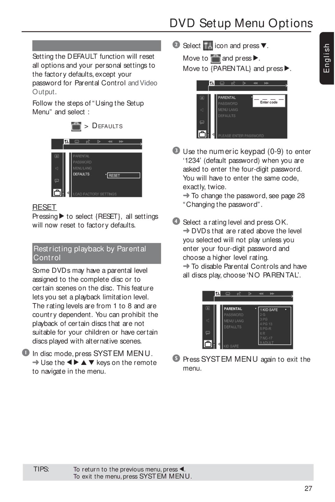 Philips MX2600/55 user manual Reset, Restricting playback by Parental Control, Press System Menu again to exit the menu 