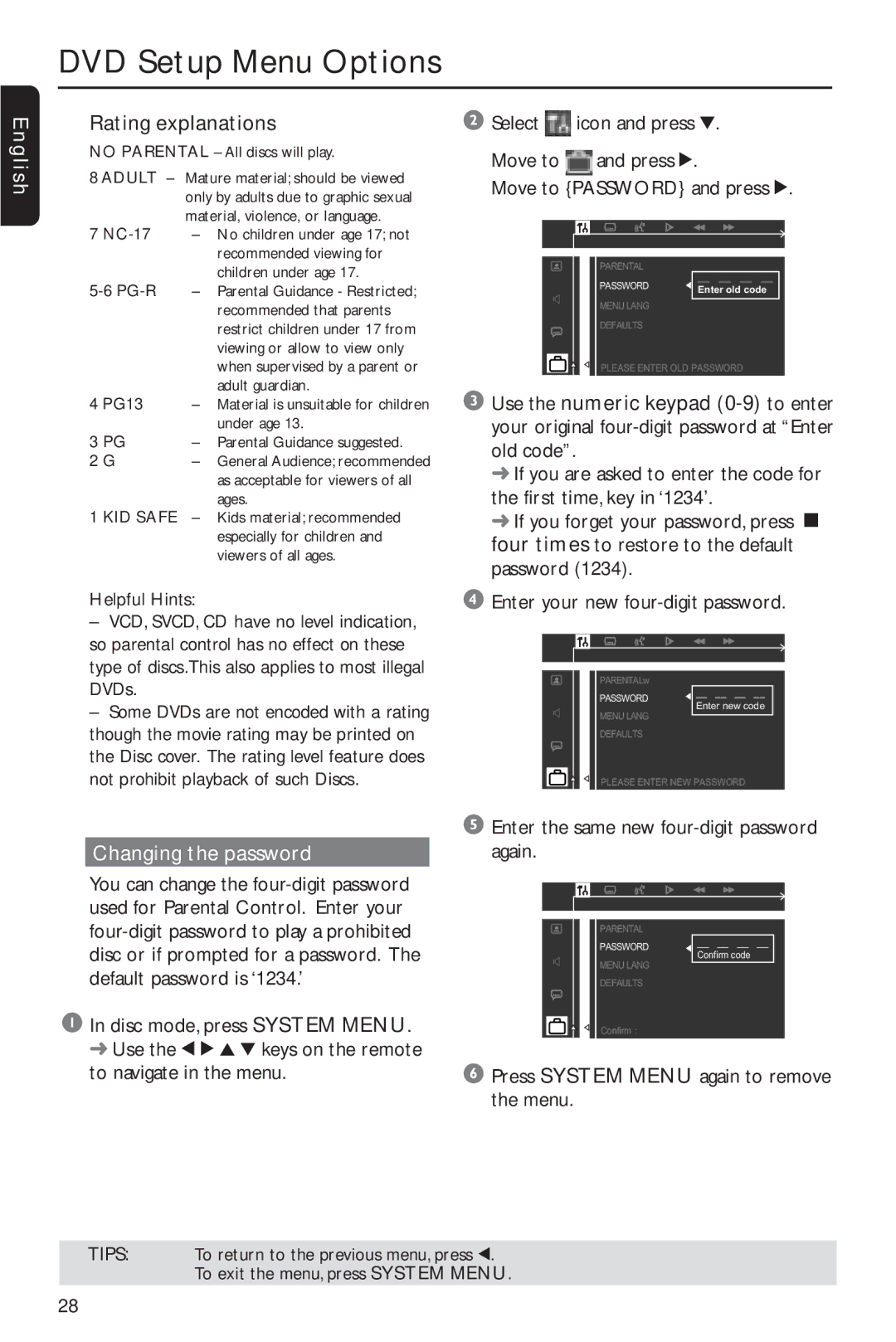 Philips MX2600/55 user manual Rating explanations, Changing the password, Enter the same new four-digit password again 