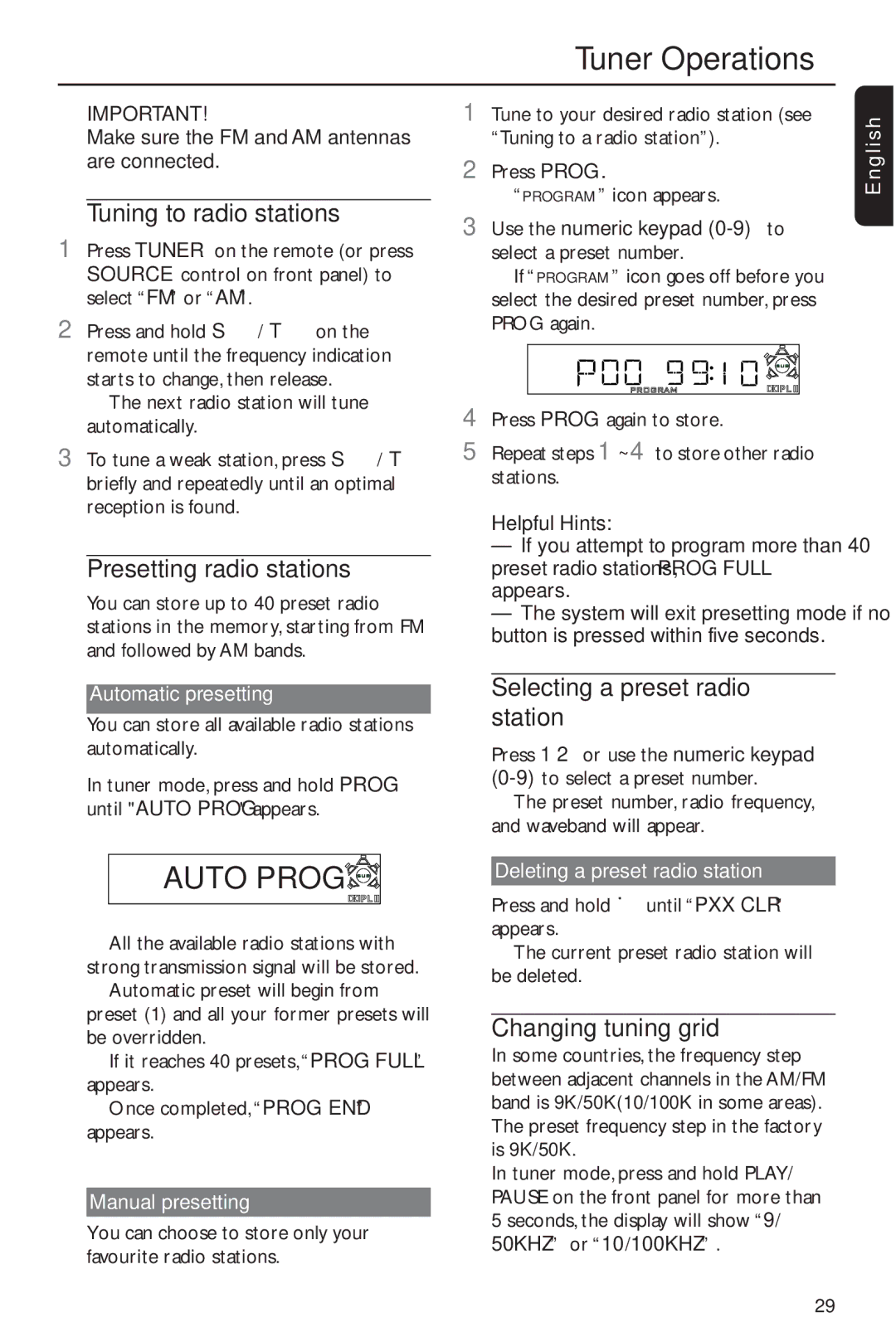 Philips MX2600 Tuner Operations, Tuning to radio stations, Presetting radio stations, Selecting a preset radio station 