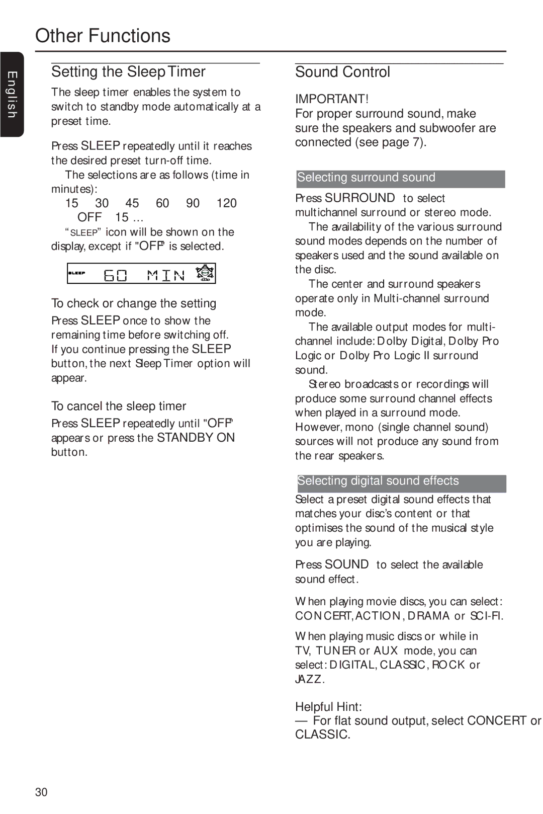 Philips MX2600/55 user manual Other Functions, Setting the Sleep Timer, Sound Control, Classic 