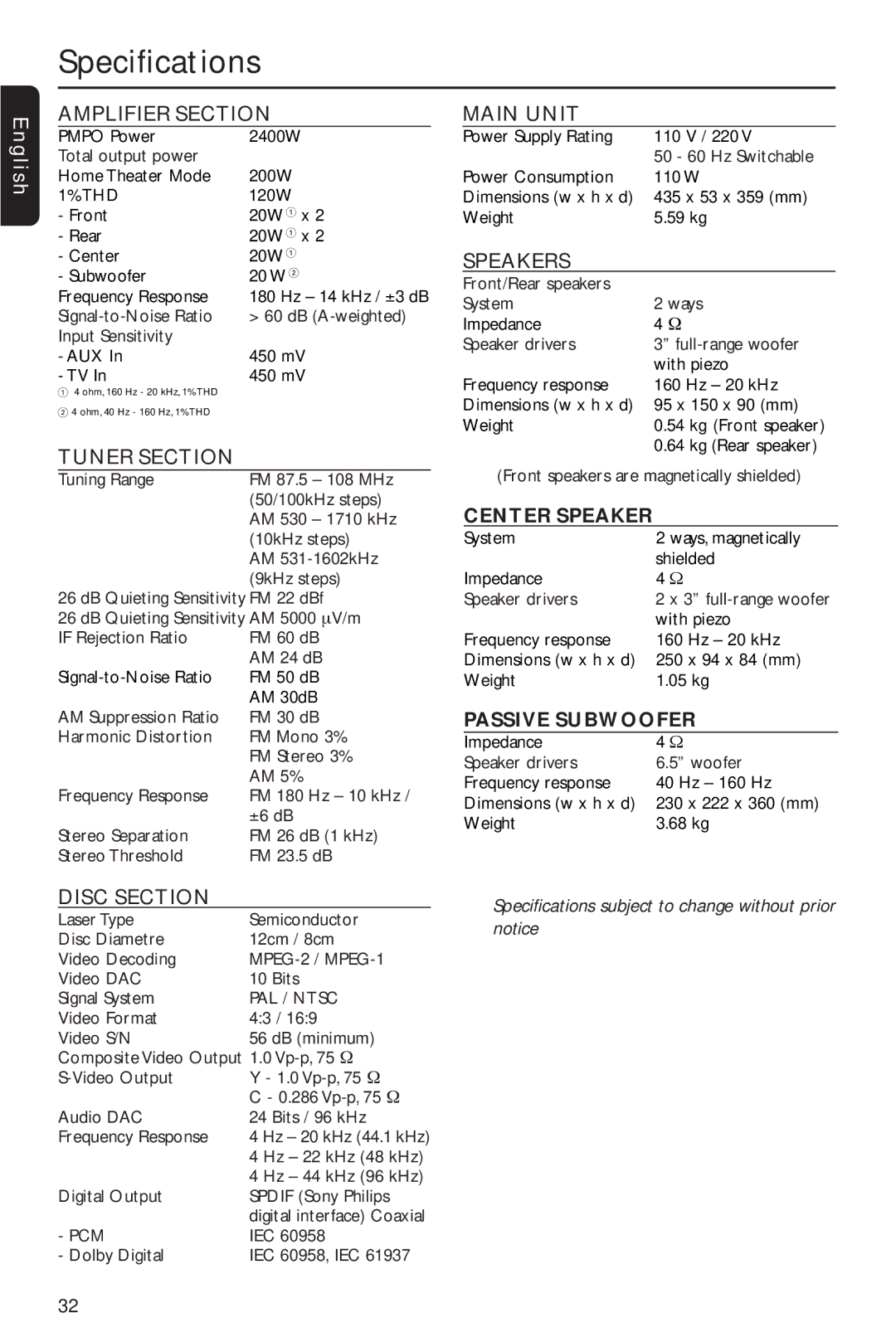 Philips MX2600/55 user manual Specifications 