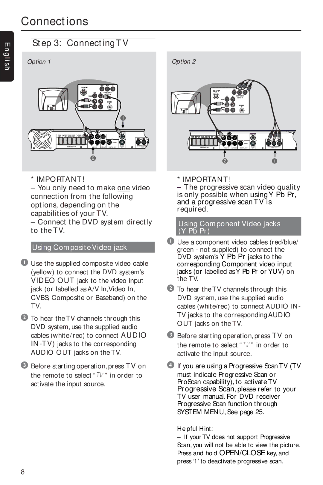 Philips MX2600/55 user manual Connecting TV, Using Component Video jacks Y Pb Pr 