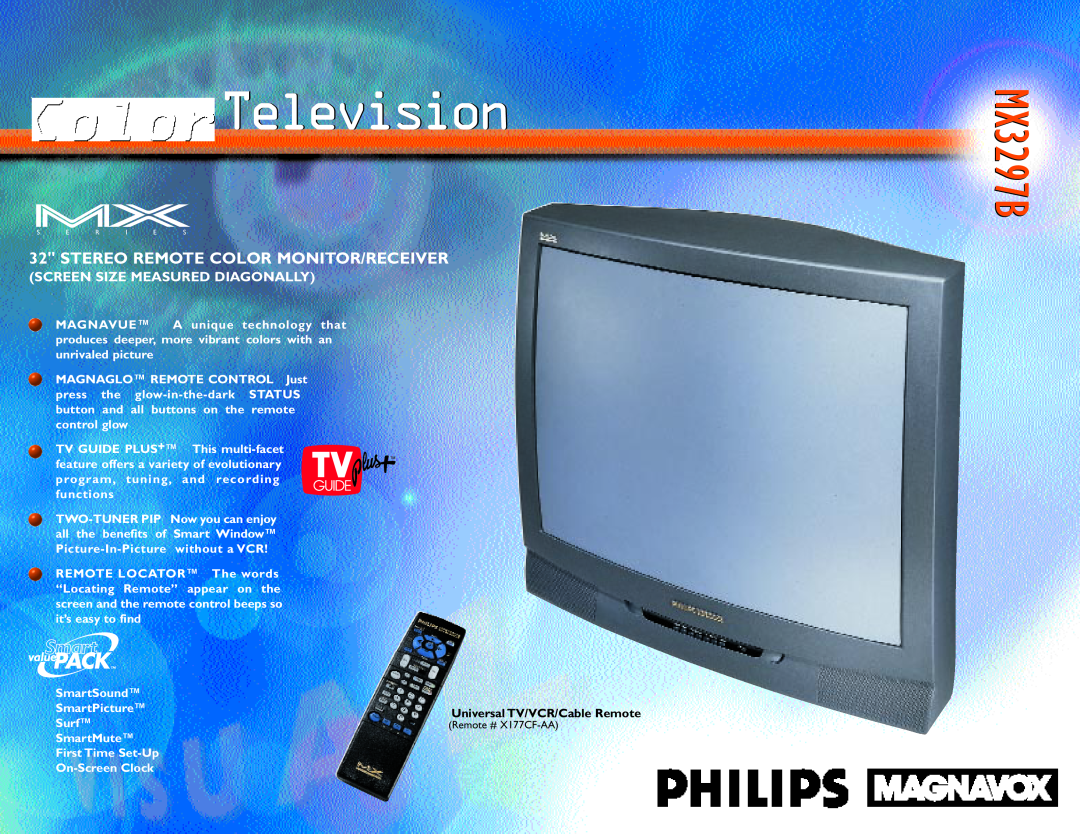 Philips manual Television, MX3297BMX3297B, Stereo Remote Color Monitor/Receiver, Screen Size Measured Diagonally 