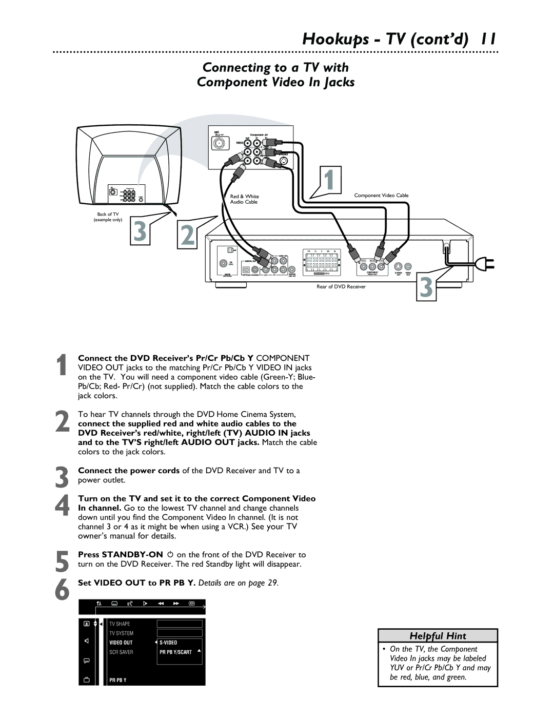 Philips MX3600 warranty Hookups TV cont’d, Connecting to a TV with Component Video In Jacks 