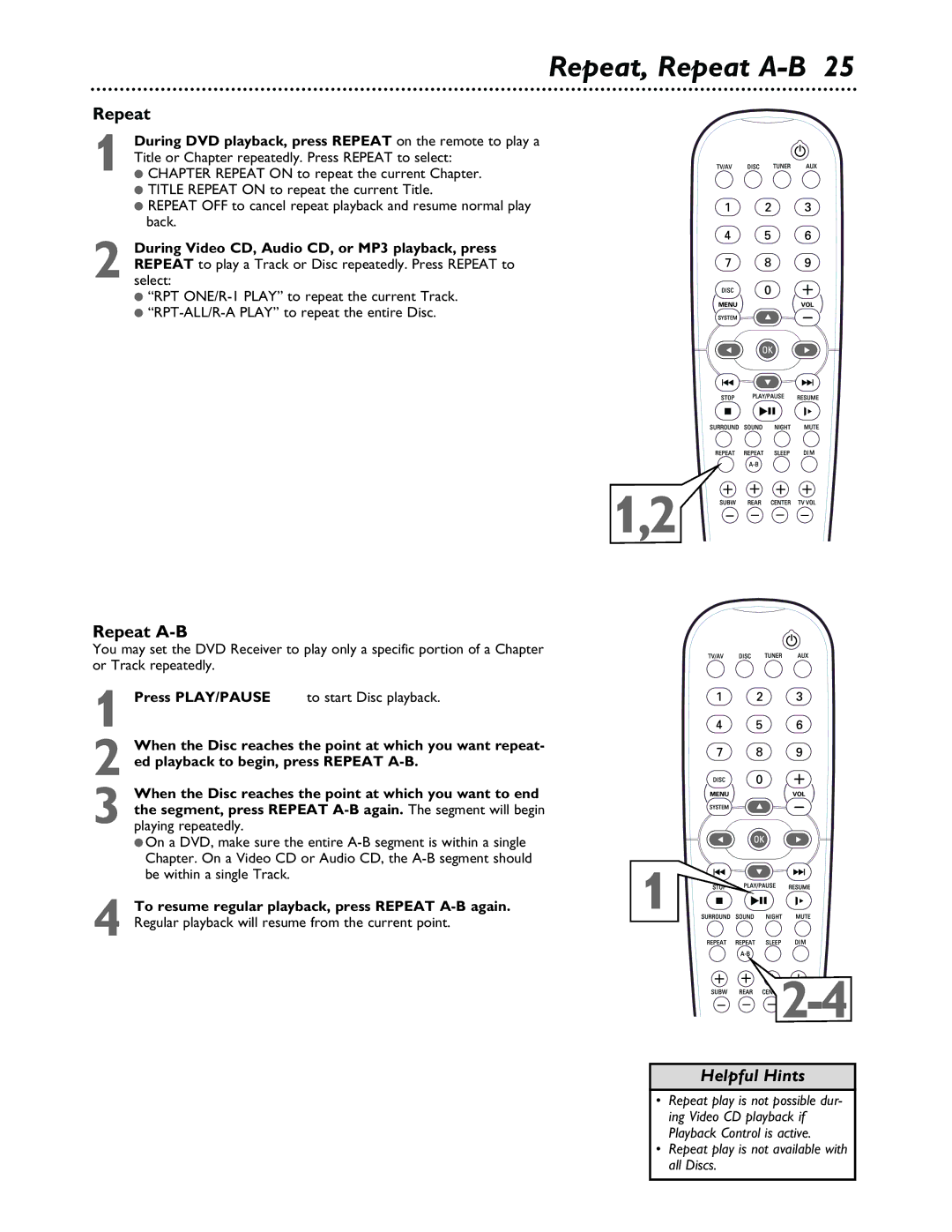 Philips MX3600 warranty Repeat, Repeat A-B, During DVD playback, press Repeat on the remote to play a 