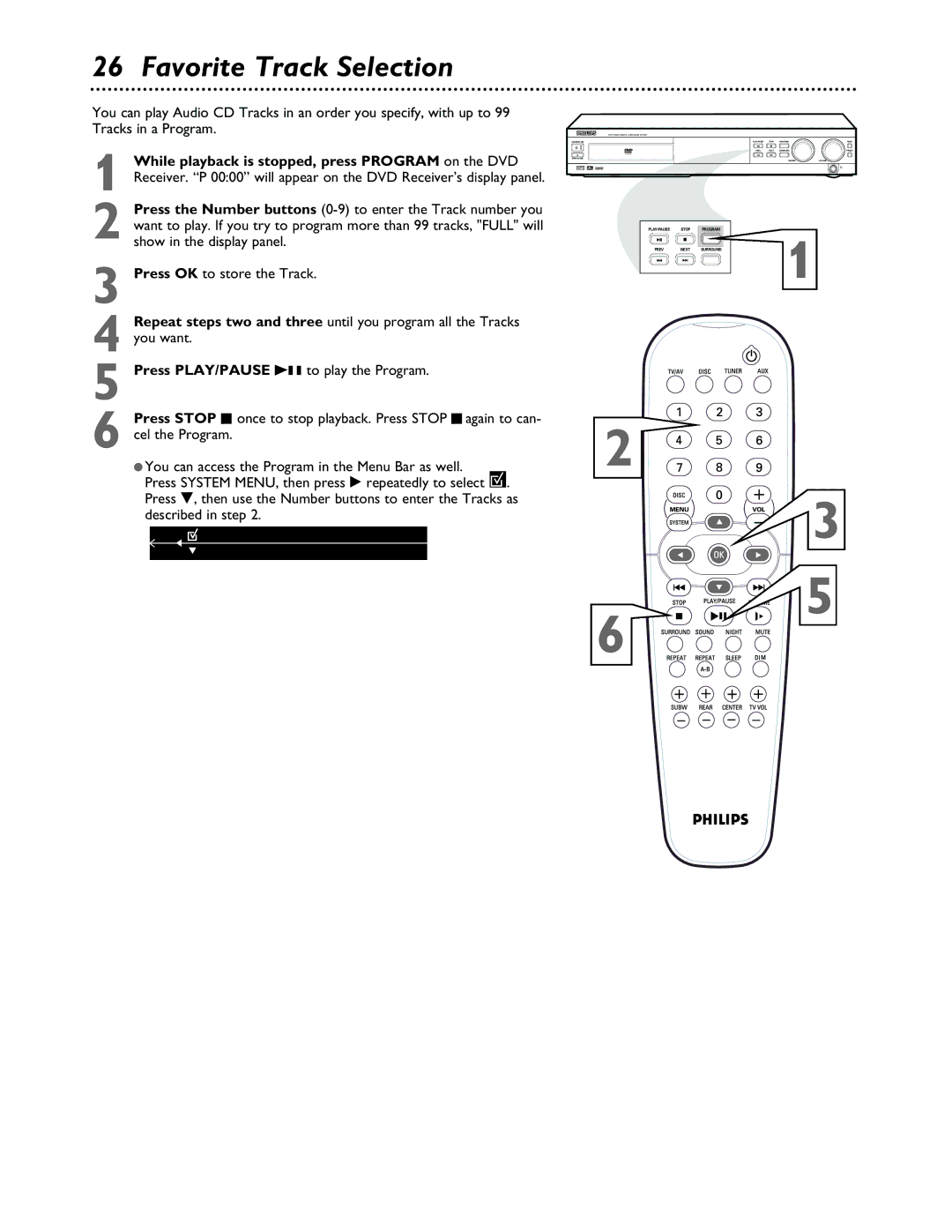 Philips MX3600 warranty Favorite Track Selection, While playback is stopped, press Program on the DVD 