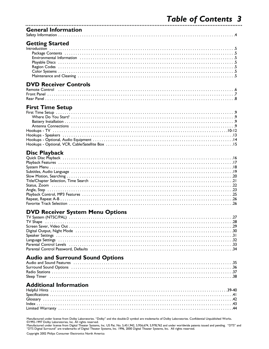 Philips MX3600 warranty Table of Contents 