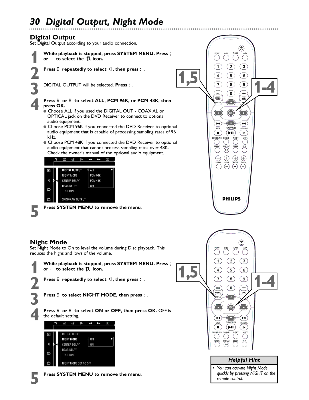 Philips MX3600 warranty Digital Output, Night Mode, Press 9 repeatedly to select z, then press 