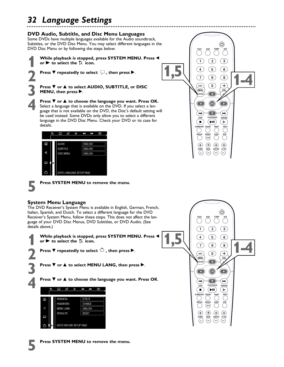 Philips MX3600 warranty Language Settings, DVD Audio, Subtitle, and Disc Menu Languages 