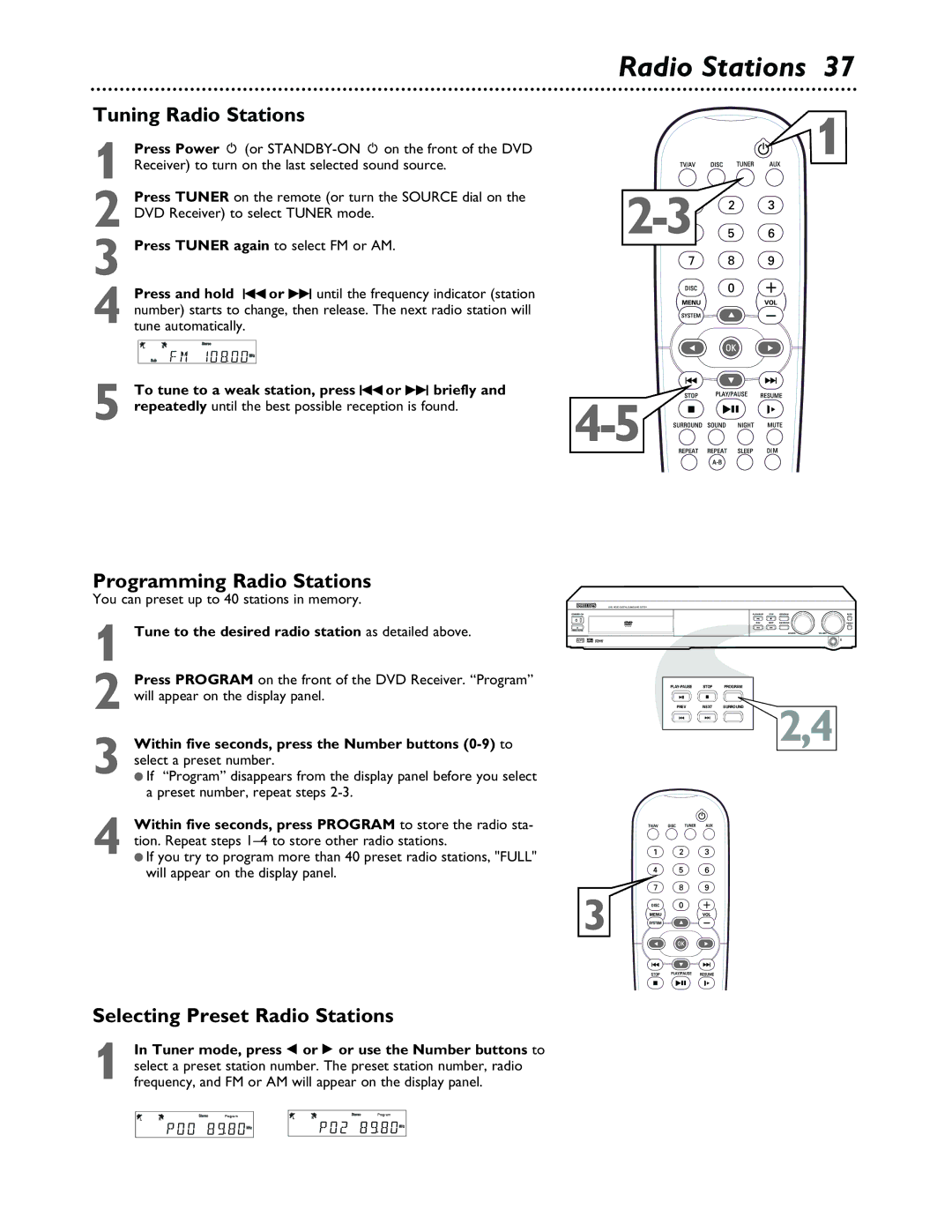 Philips MX3600 warranty Tuning Radio Stations, Programming Radio Stations, Selecting Preset Radio Stations 