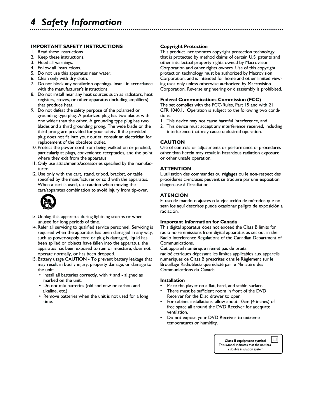 Philips MX3600 warranty Safety Information, Copyright Protection, Federal Communications Commission FCC, Installation 