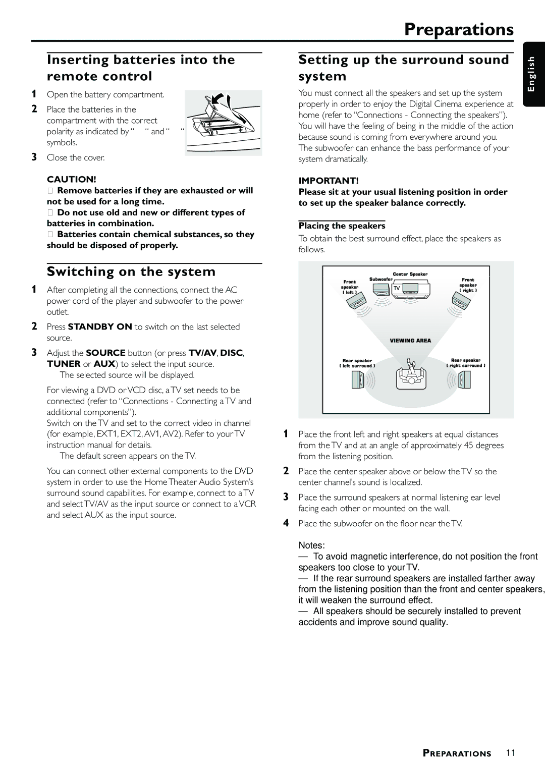 Philips MX3660D owner manual Preparations, Inserting batteries into Remote control, Setting up the surround sound System 