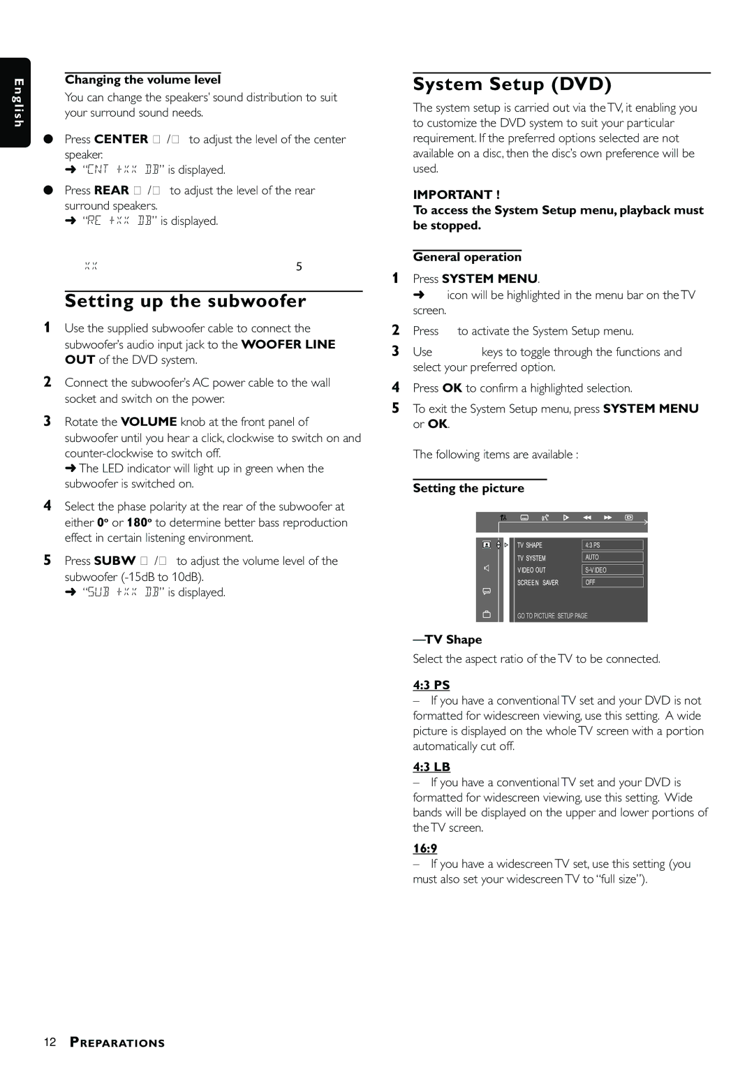 Philips MX3660D owner manual Setting up the subwoofer, System Setup DVD 