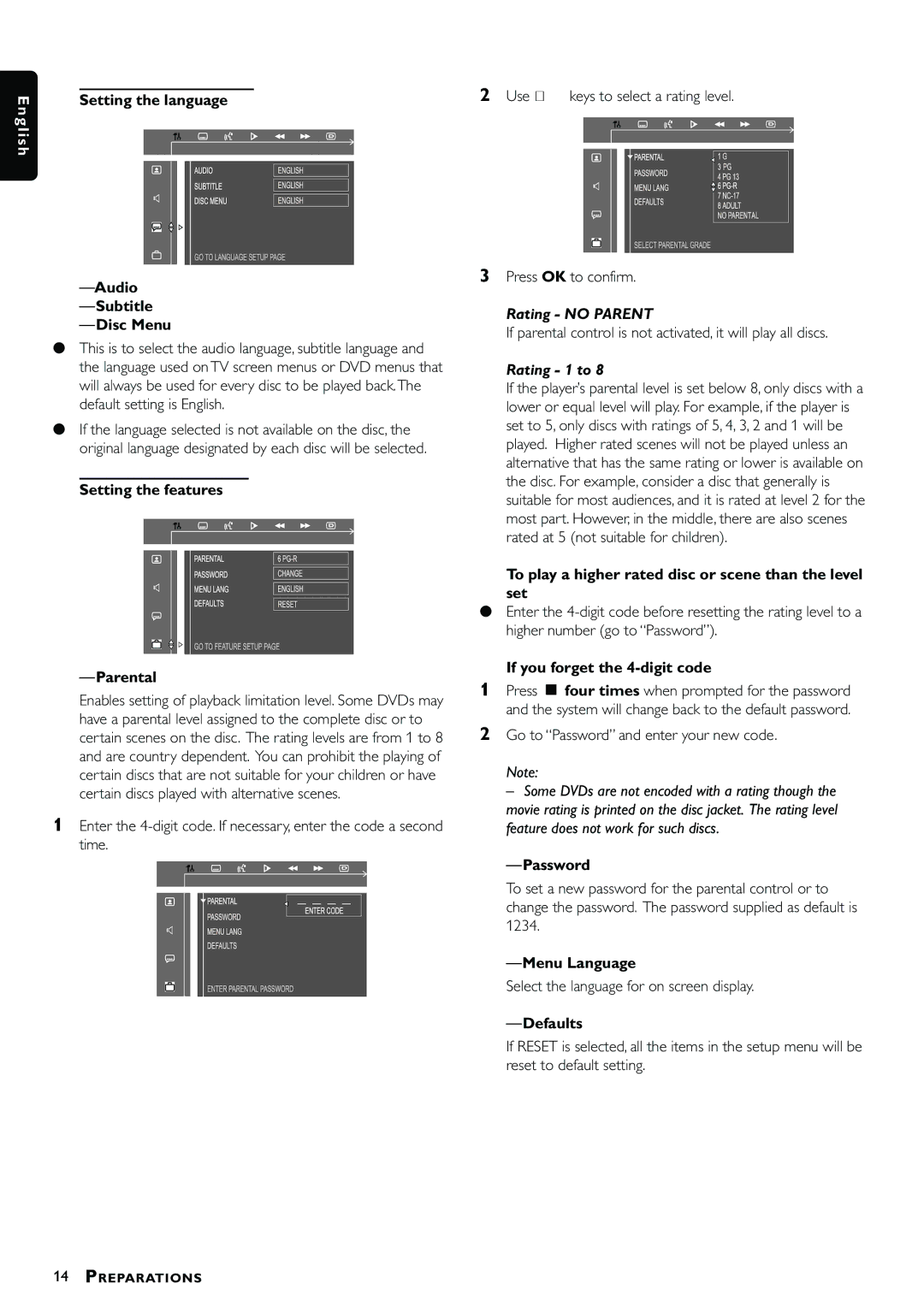 Philips MX3660D Setting the language Audio Subtitle Disc Menu, Setting the features Parental, Password, Menu Language 