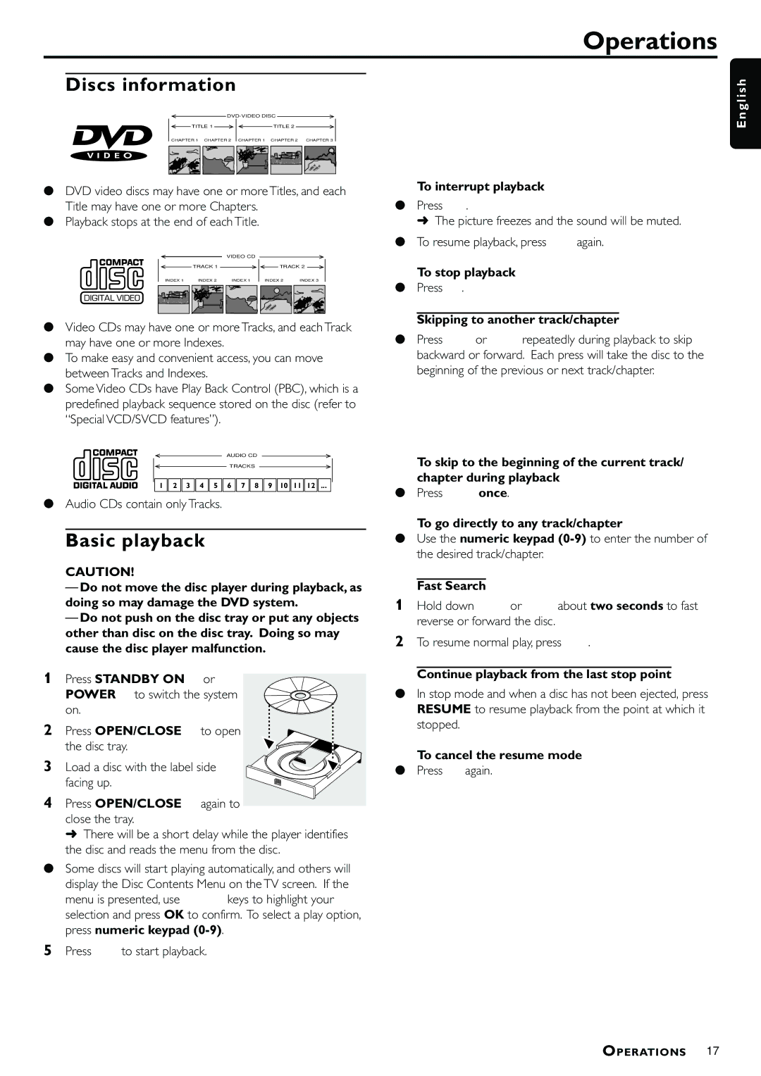 Philips MX3660D owner manual Operations, Discs information, Basic playback 