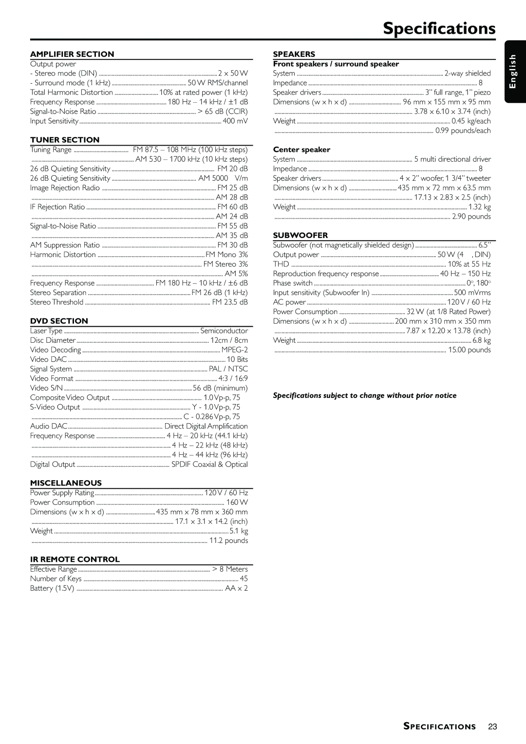 Philips MX3660D owner manual Specifications, Amplifier Section 