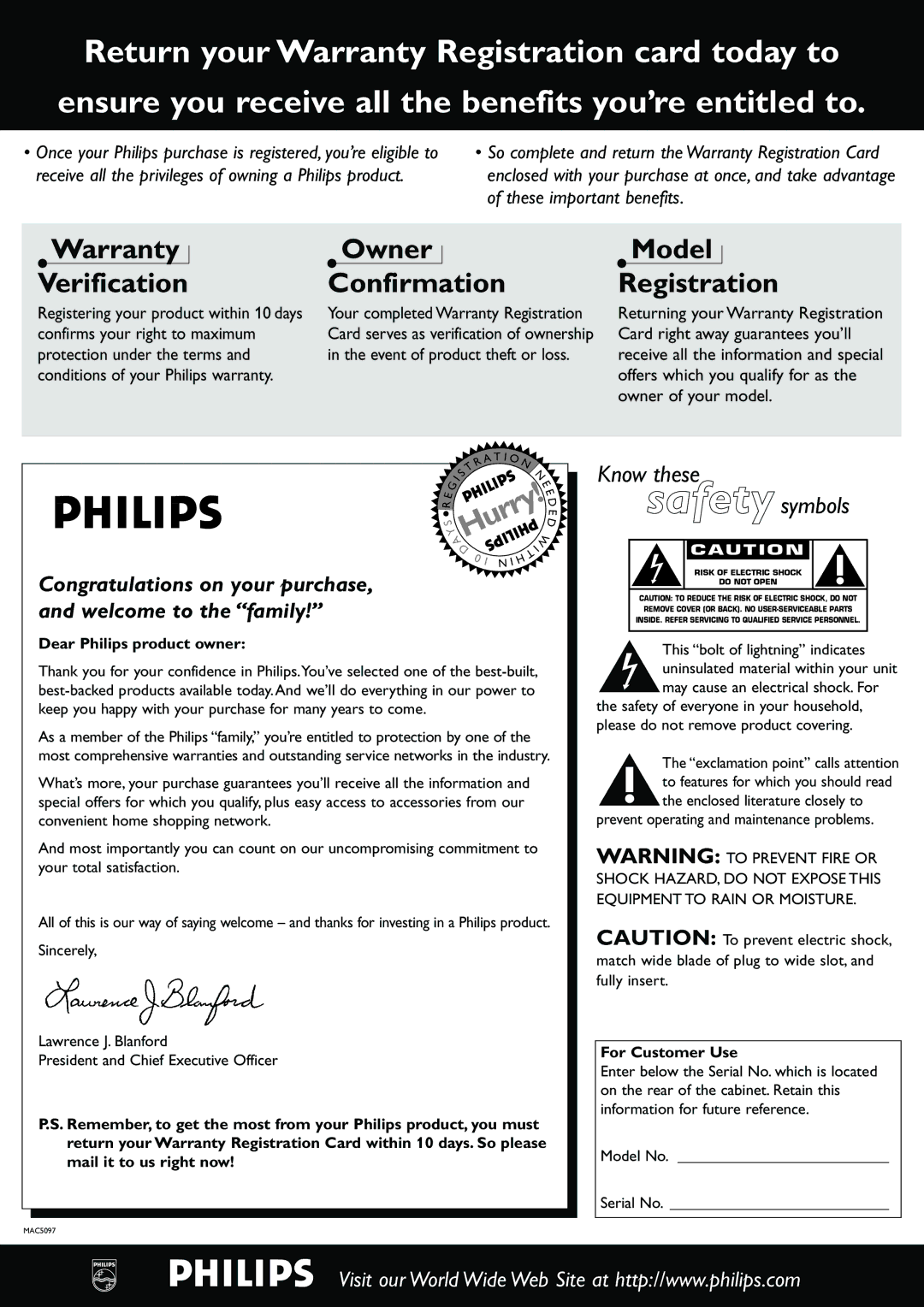 Philips MX3660D owner manual Dear Philips product owner, For Customer Use 