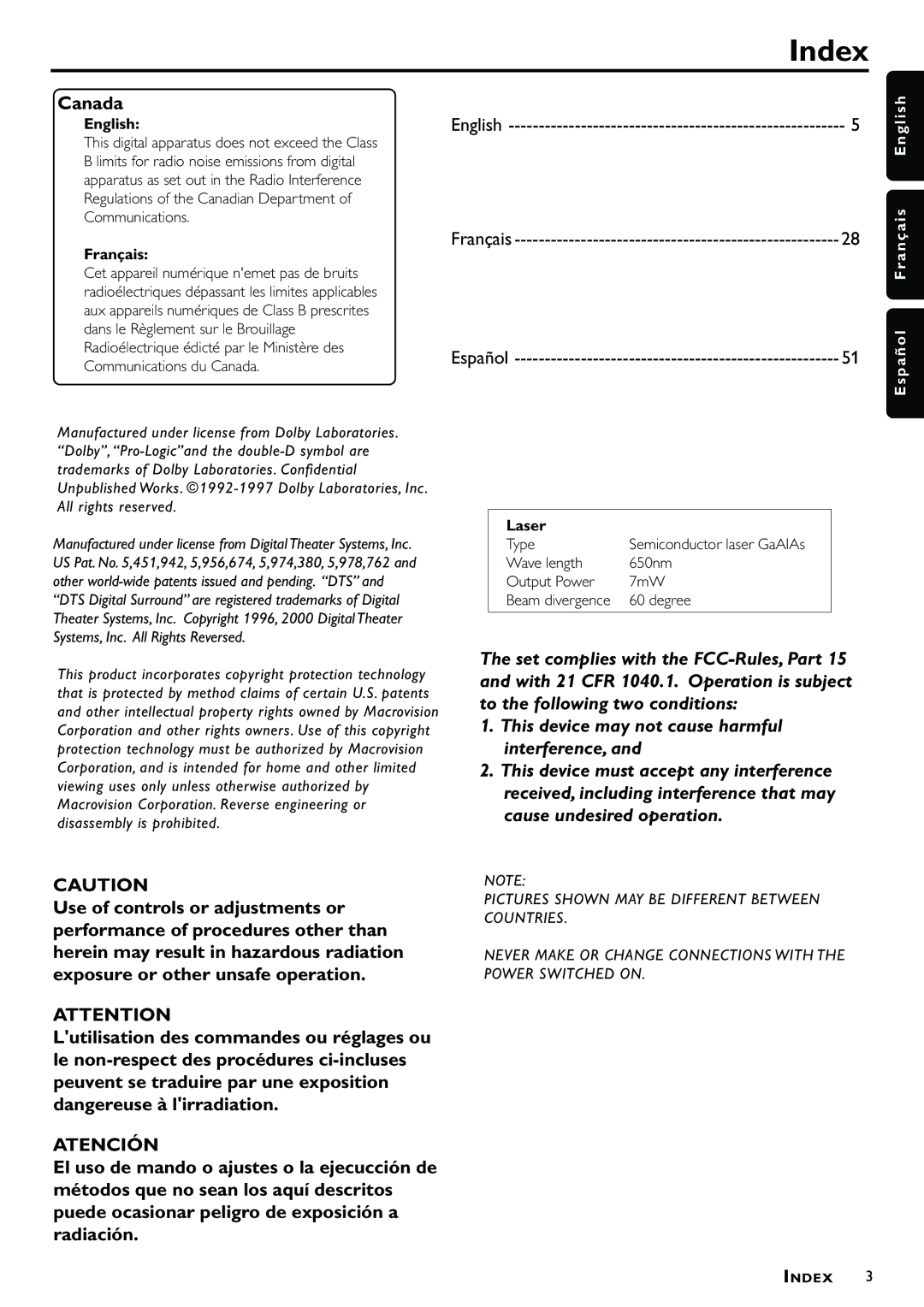 Philips MX3660D owner manual Index, English, Français, Laser 