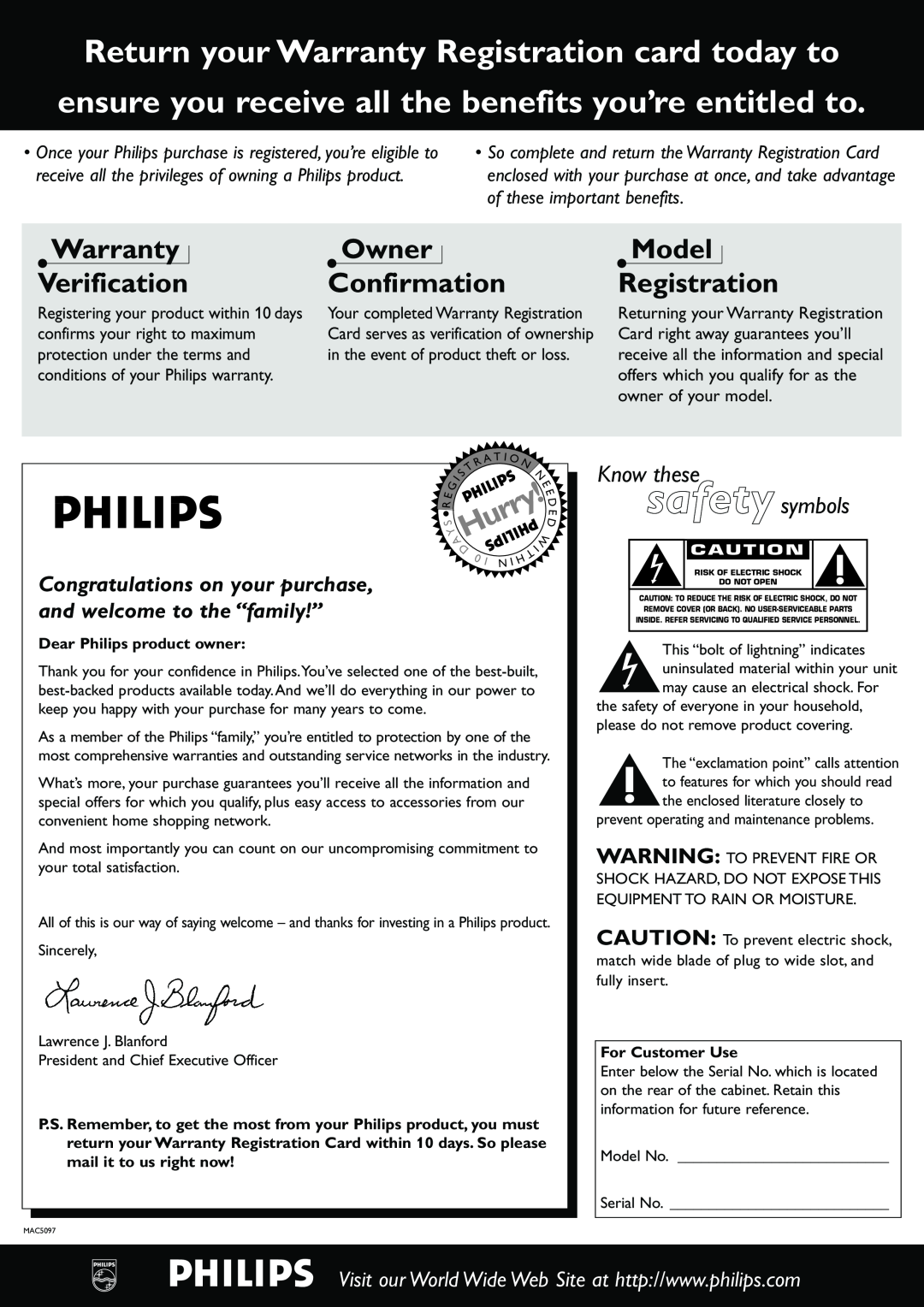 Philips MX3660D Congratulations on your purchase, and welcome to the “family!”, Warranty Verification, Owner Confirmation 