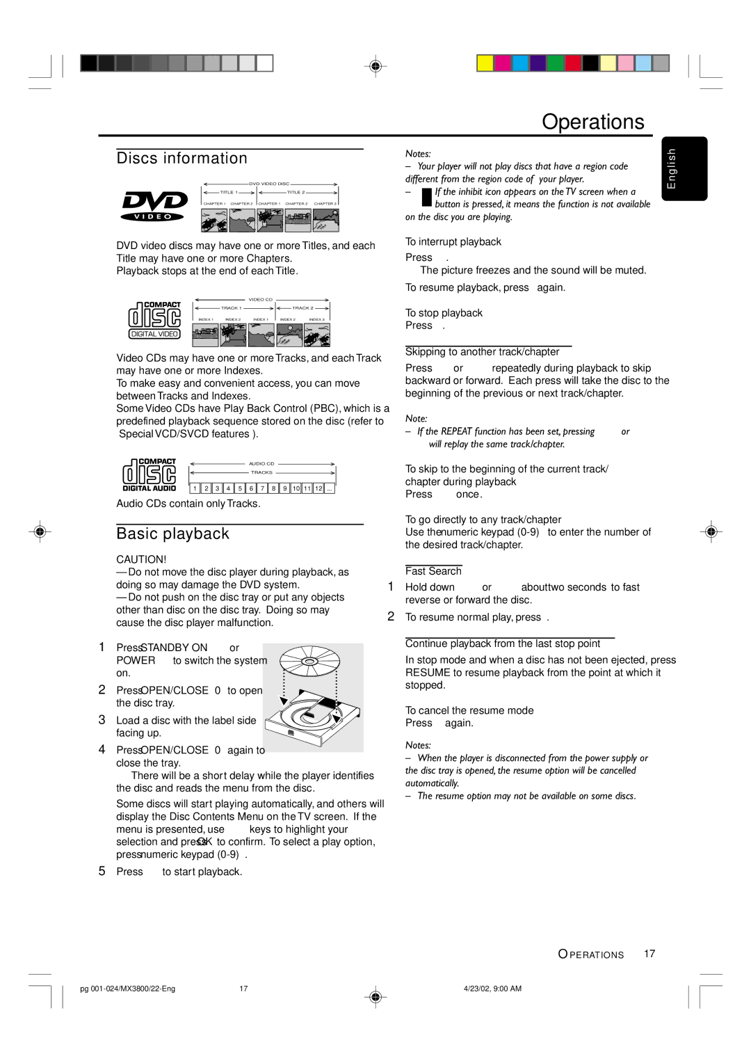 Philips MX3800D/22S manual Operations, Discs information, Basic playback 