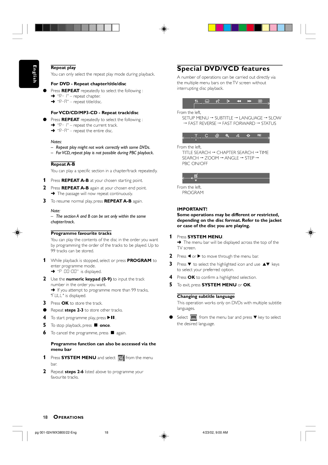 Philips MX3800D/22S manual Special DVD/VCD features 