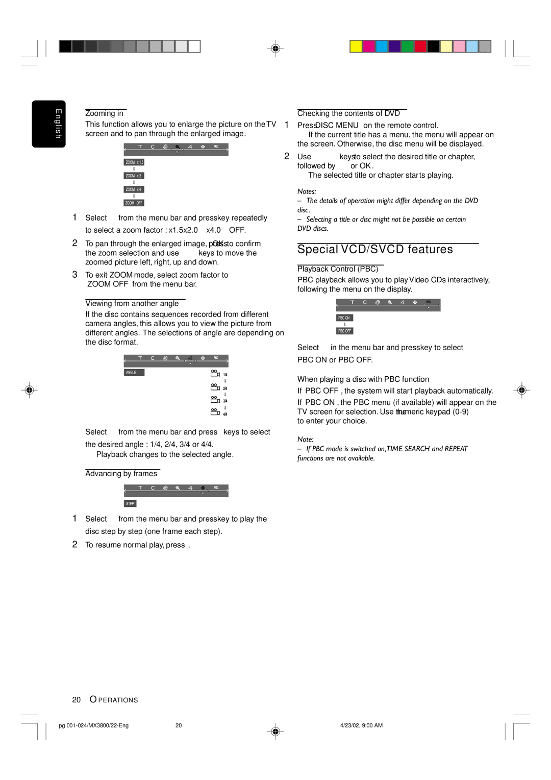 Philips MX3800D/22S manual Special VCD/SVCD features, Screen and to pan through the enlarged image 