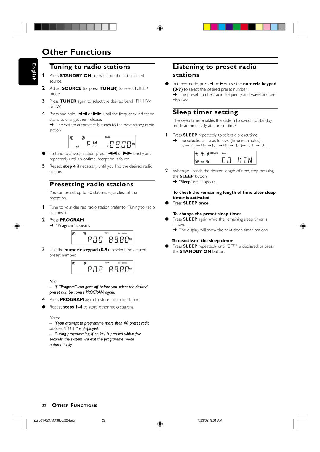 Philips MX3800D/22S Other Functions, Tuning to radio stations Listening to preset radio, Stations, Sleep timer setting 