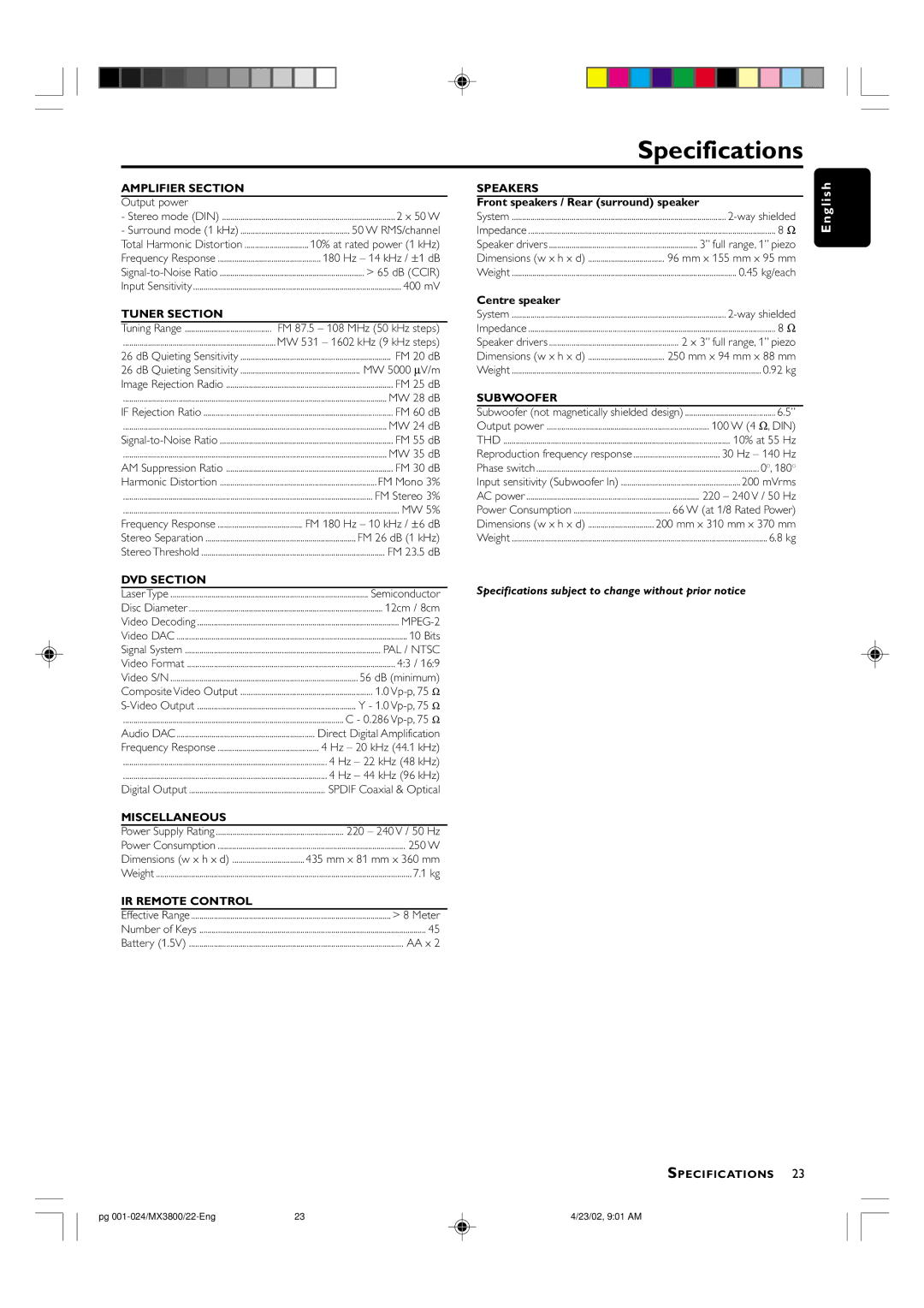 Philips MX3800D/22S manual Specifications, Amplifier Section 