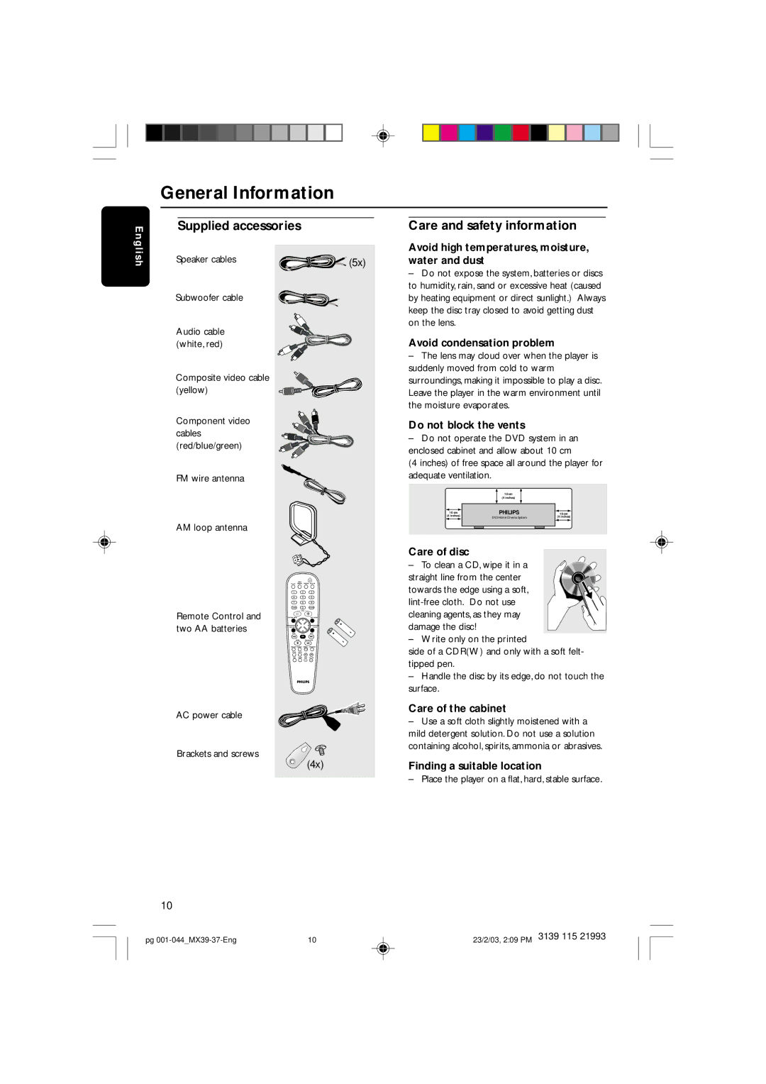 Philips MX3900D, MX3950D warranty General Information, Supplied accessories, Care and safety information 