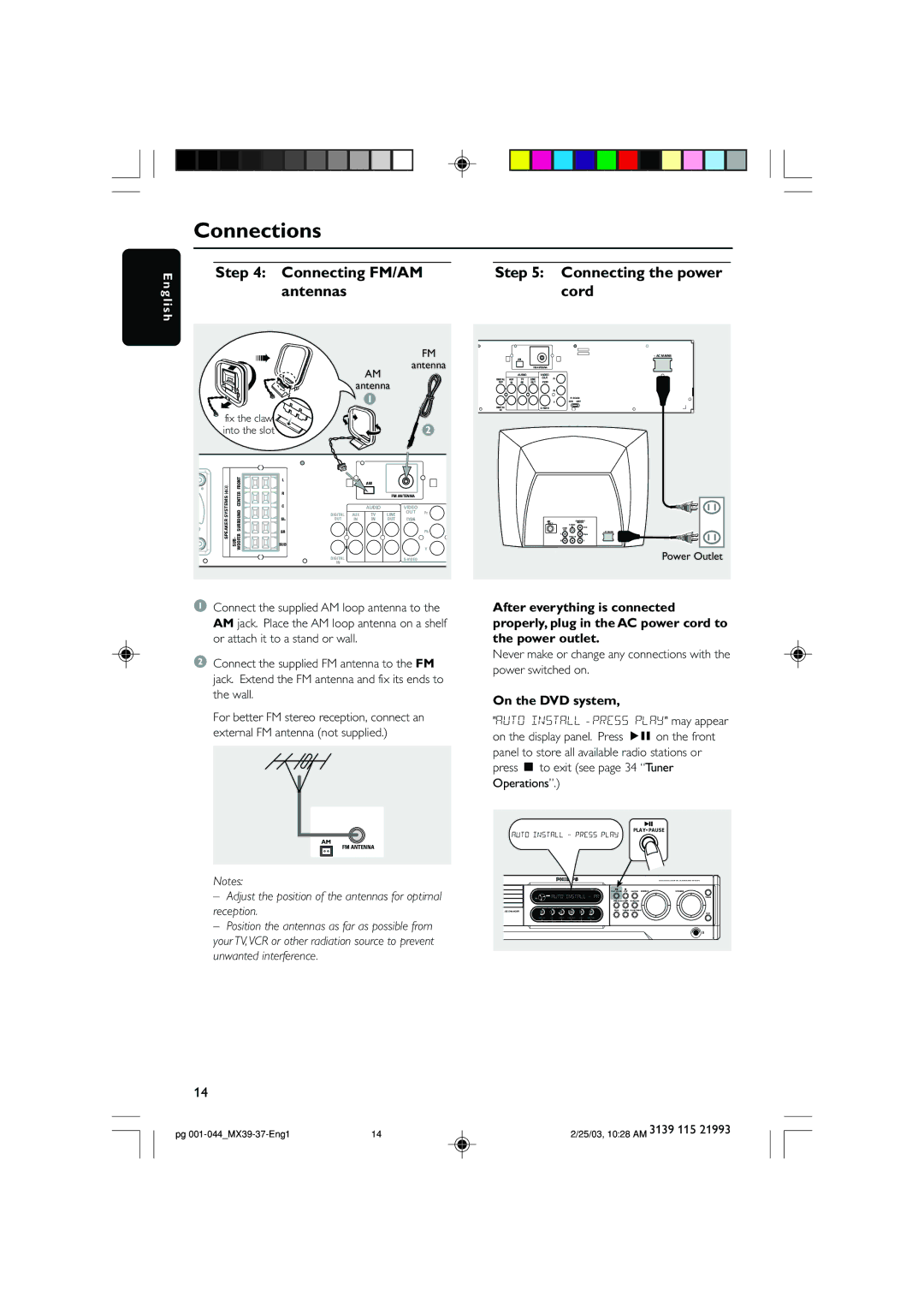 Philips MX3900D, MX3950D warranty Connecting FM/AM Connecting the power Antennas Cord, On the DVD system 