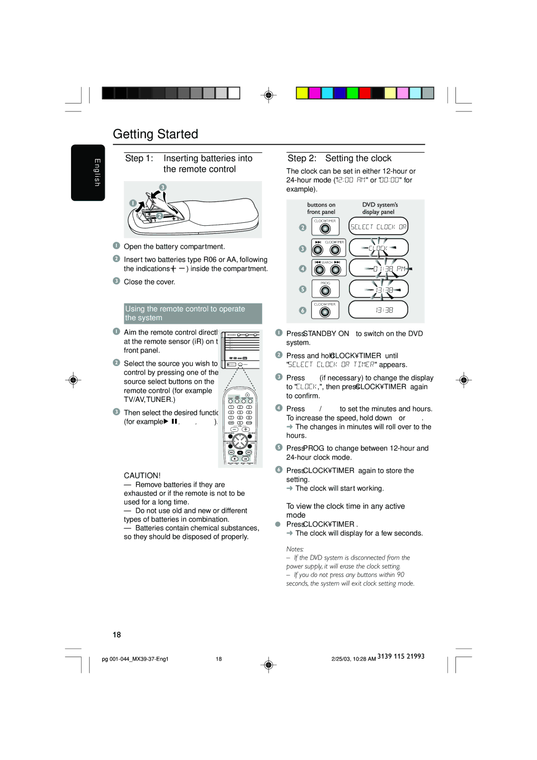 Philips MX3900D, MX3950D warranty Getting Started, Inserting batteries into the remote control, Setting the clock 