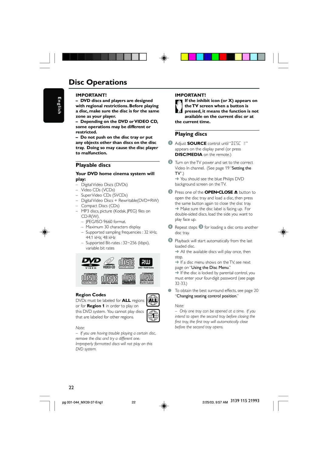 Philips MX3900D, MX3950D warranty Disc Operations, Playable discs, Playing discs 