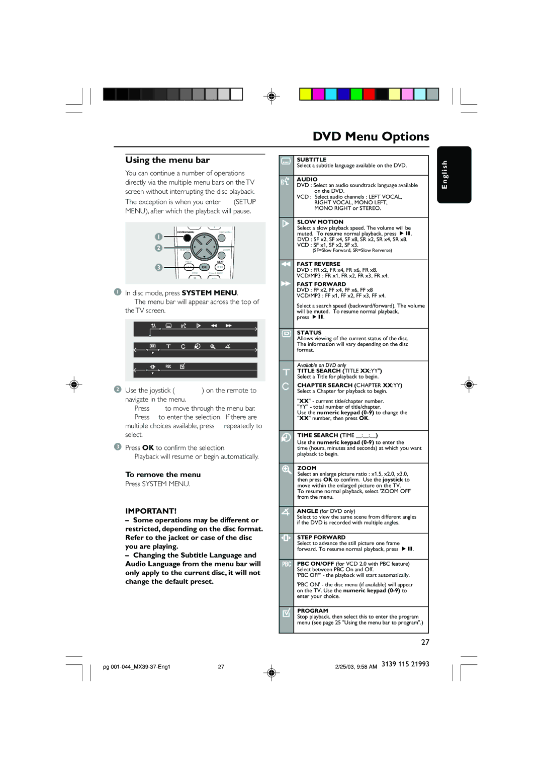 Philips MX3950D, MX3900D warranty DVD Menu Options, Using the menu bar 