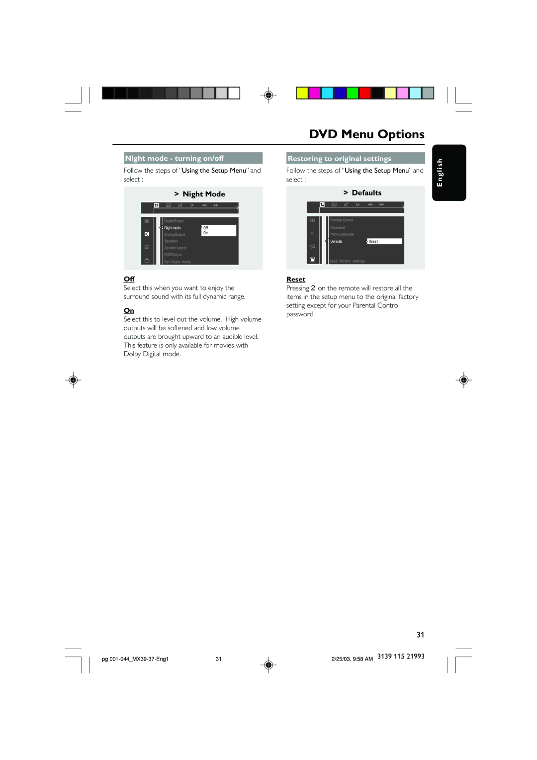 Philips MX3950D, MX3900D warranty Night mode turning on/off Restoring to original settings, Night Mode, Defaults, Reset 