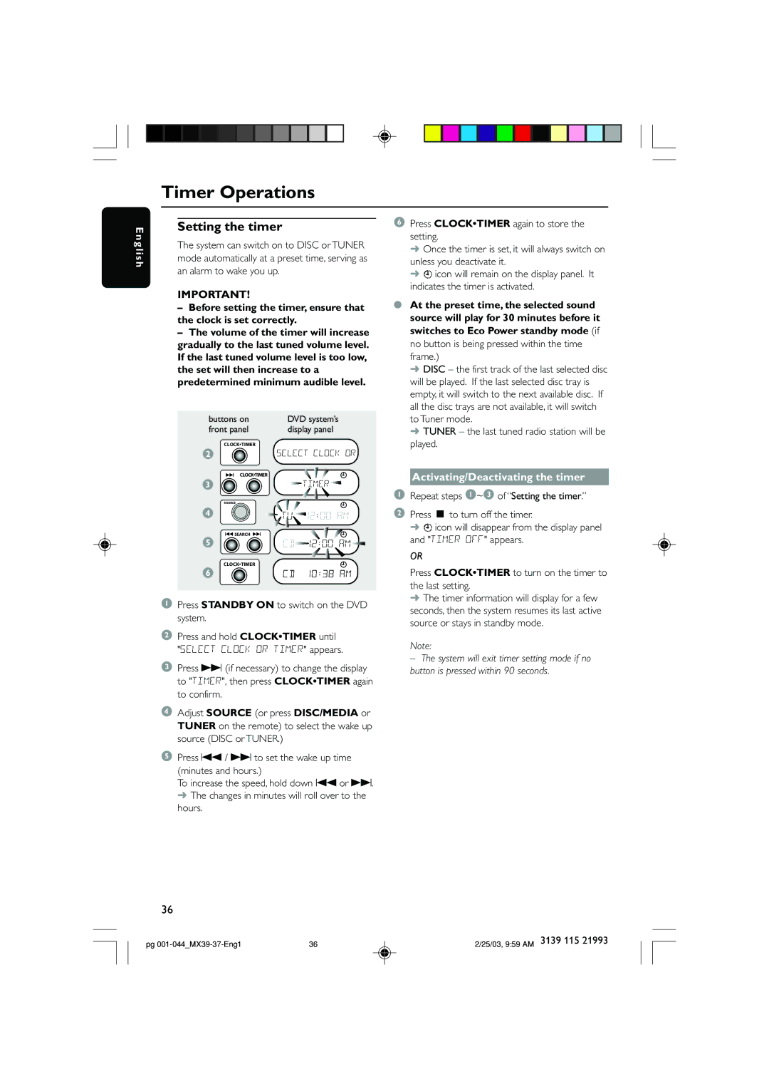 Philips MX3900D, MX3950D warranty Timer Operations, Setting the timer, CD 12 00 AM, Activating/Deactivating the timer 