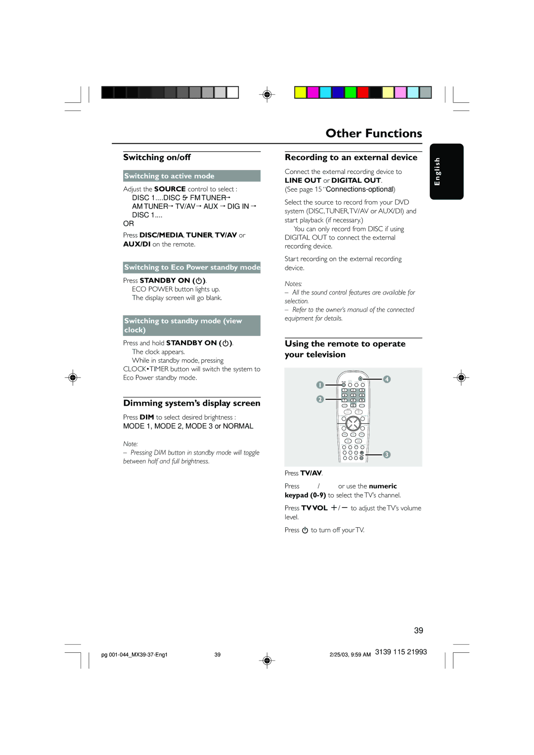 Philips MX3950D Other Functions, Switching on/off, Dimming system’s display screen, Recording to an external device 