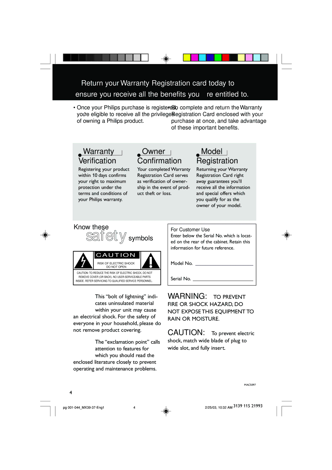 Philips MX3900D, MX3950D warranty Owner Confirmation, Model Registration 