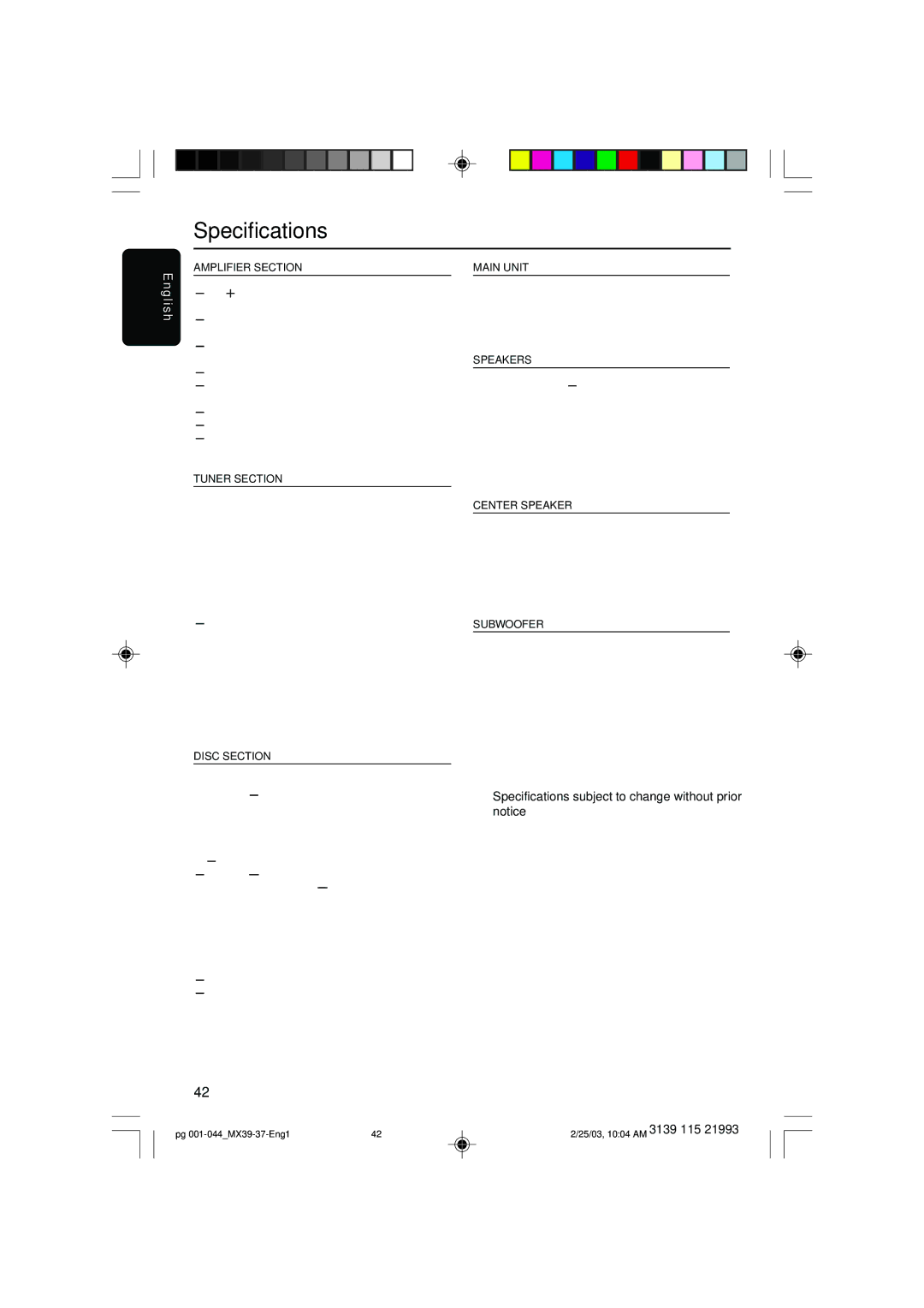 Philips MX3900D, MX3950D warranty Specifications, Amplifier Section 