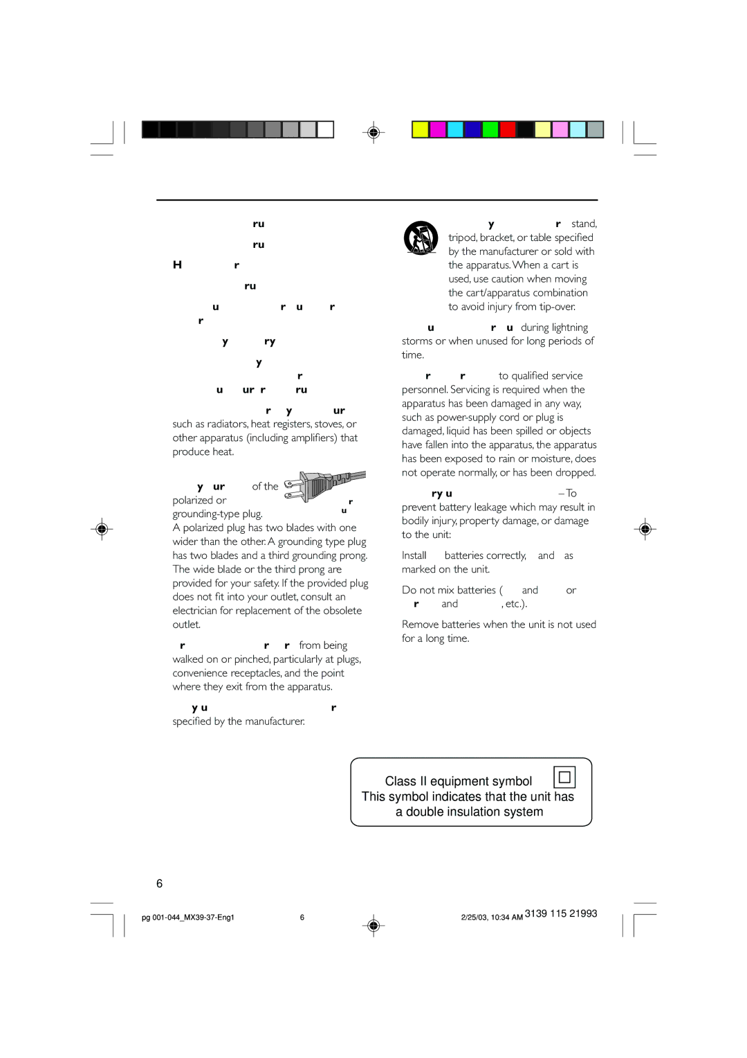 Philips MX3900D, MX3950D warranty Important Safety Instructions, Class II equipment symbol 