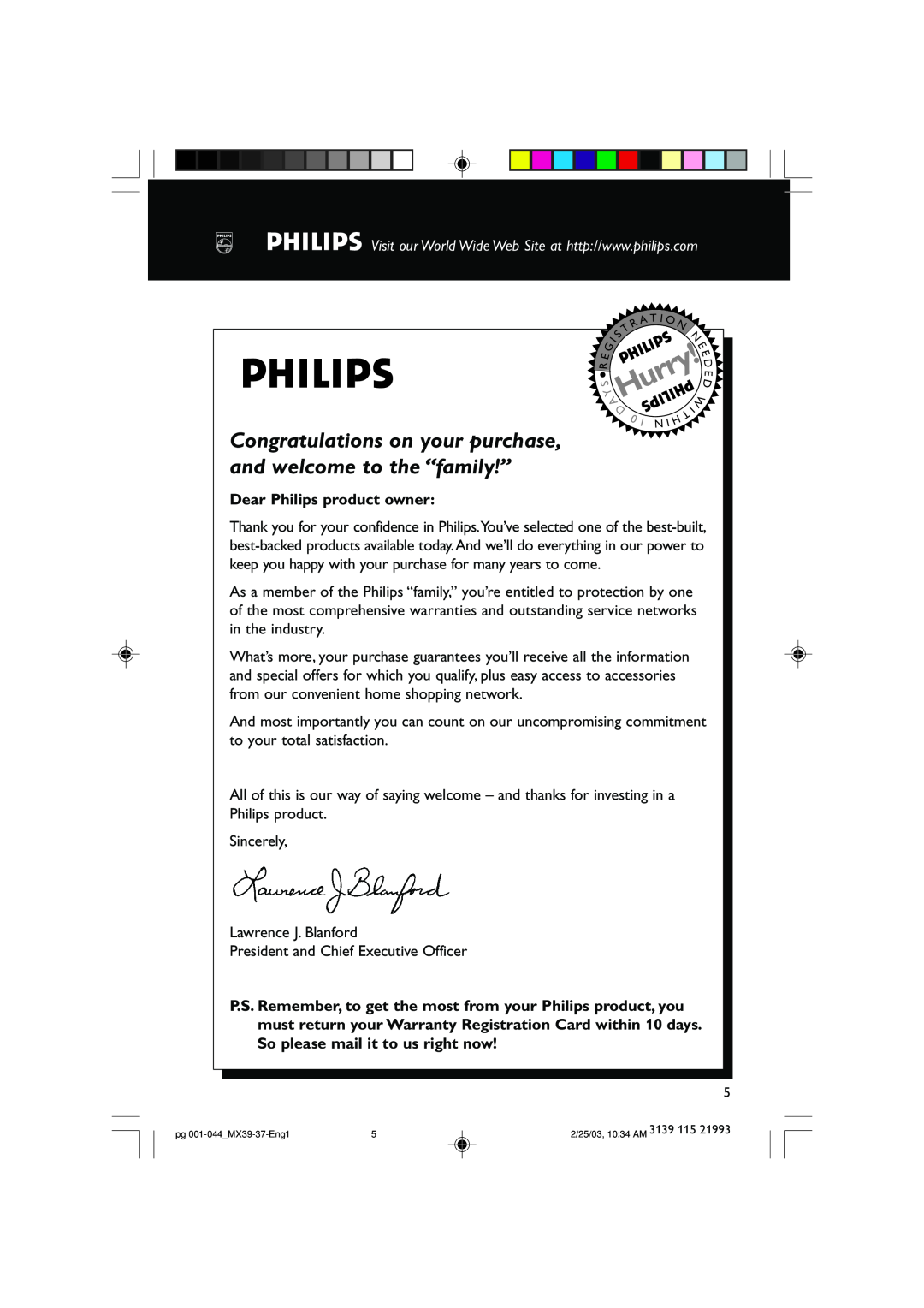 Philips MX3950D, MX3900D warranty Dear Philips product owner, Hurry 