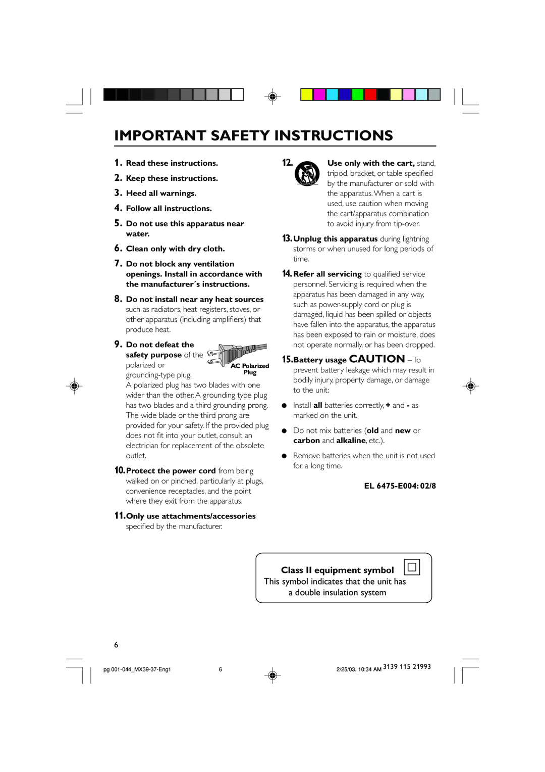 Philips MX3900D, MX3950D warranty Class II equipment symbol, Important Safety Instructions 