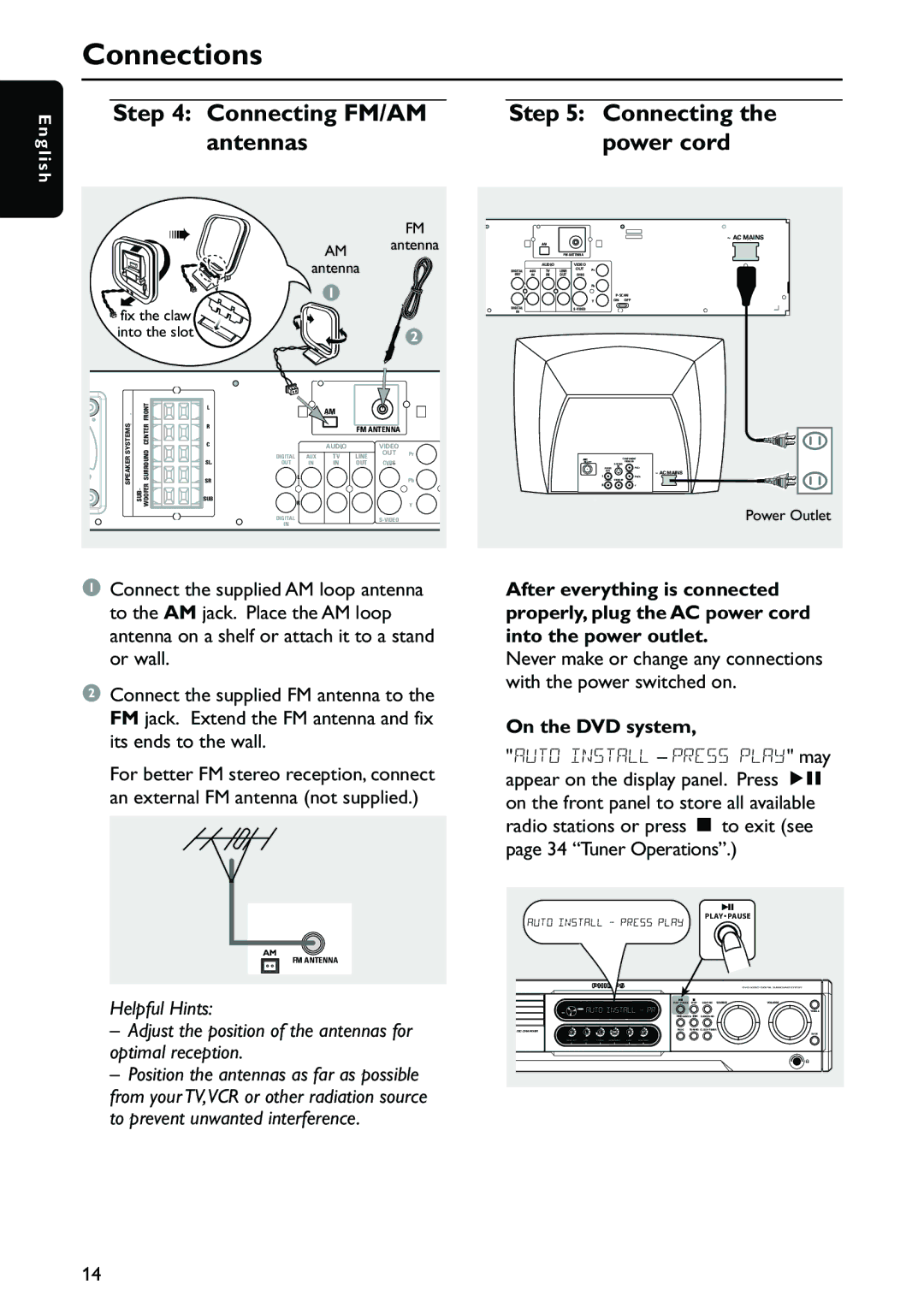 Philips MX3910D/37 owner manual Connecting FM/AM Antennas Power cord, On the DVD system 