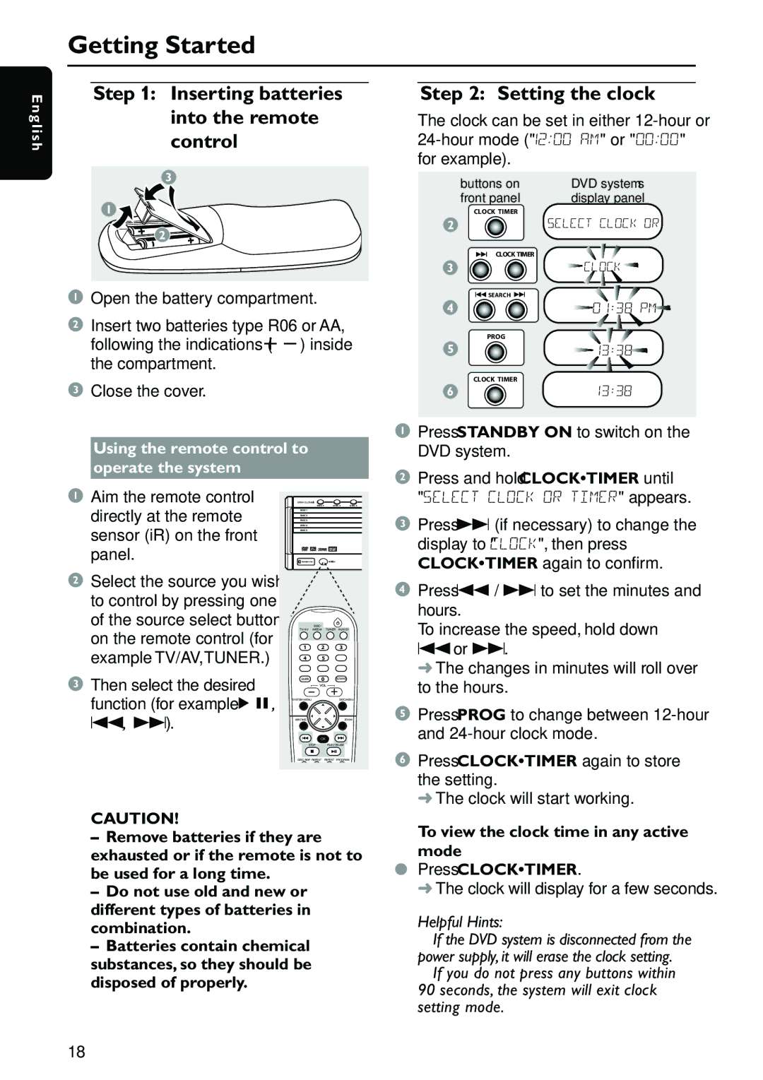 Philips MX3910D/37 owner manual Getting Started, Inserting batteries into the remote control, Setting the clock 